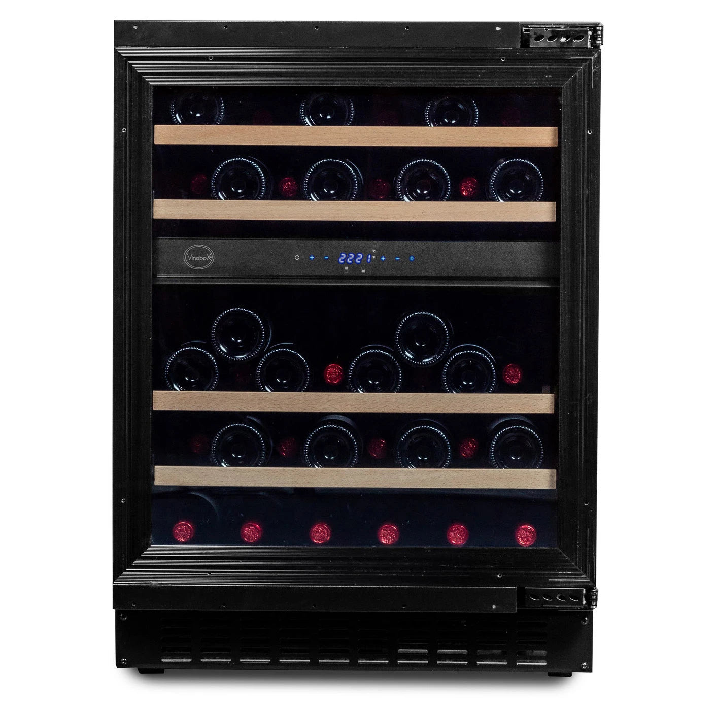 Vista frontal de vinoteca Vinobox V45 Deco para 45 botellas, con doble zona de enfriamiento, estantes de madera y display digital iluminado en el centro.
