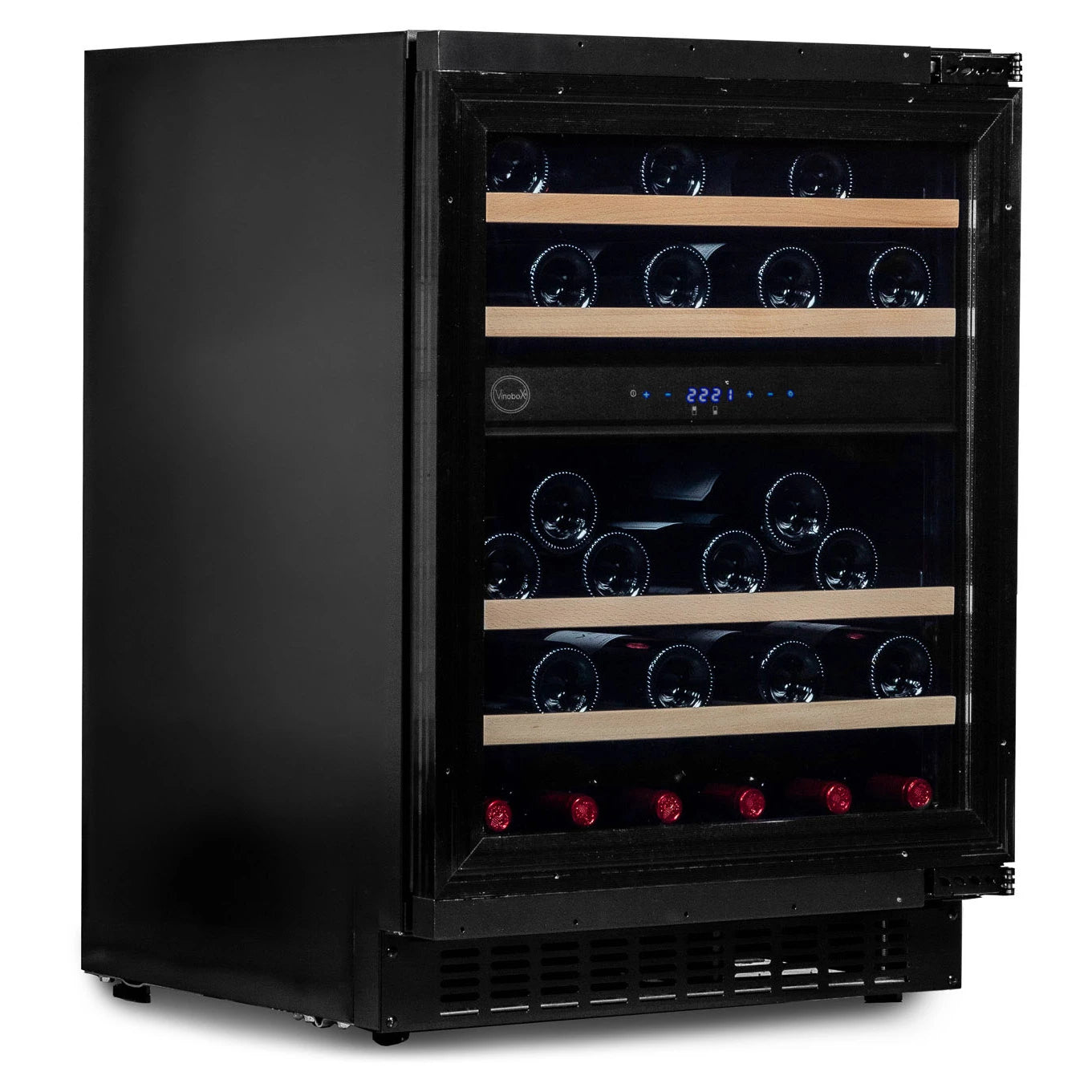 Vista lateral frontal de vinoteca Vinobox V45 Deco con capacidad para 45 botellas, doble zona de enfriamiento y estantes de madera en su interior.