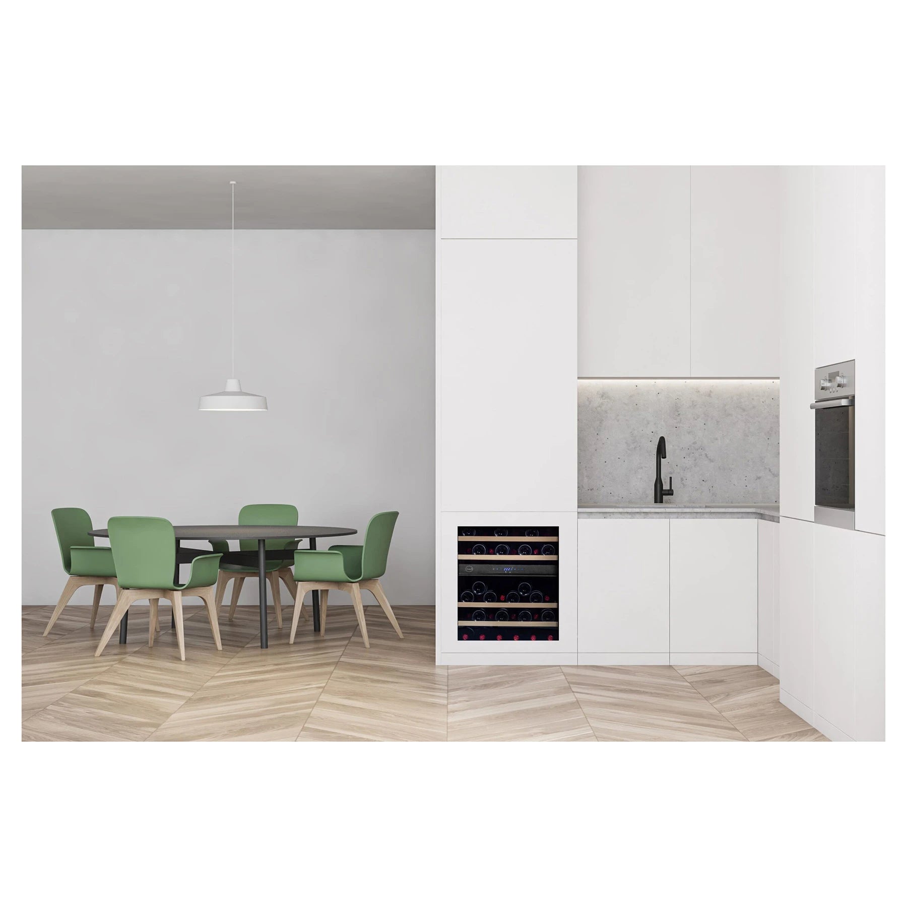 Vinoteca Vinobox V45 Deco de 45 botellas integrada en mueble bajo de cocina blanca, con puerta de vidrio y estantes de madera visibles.