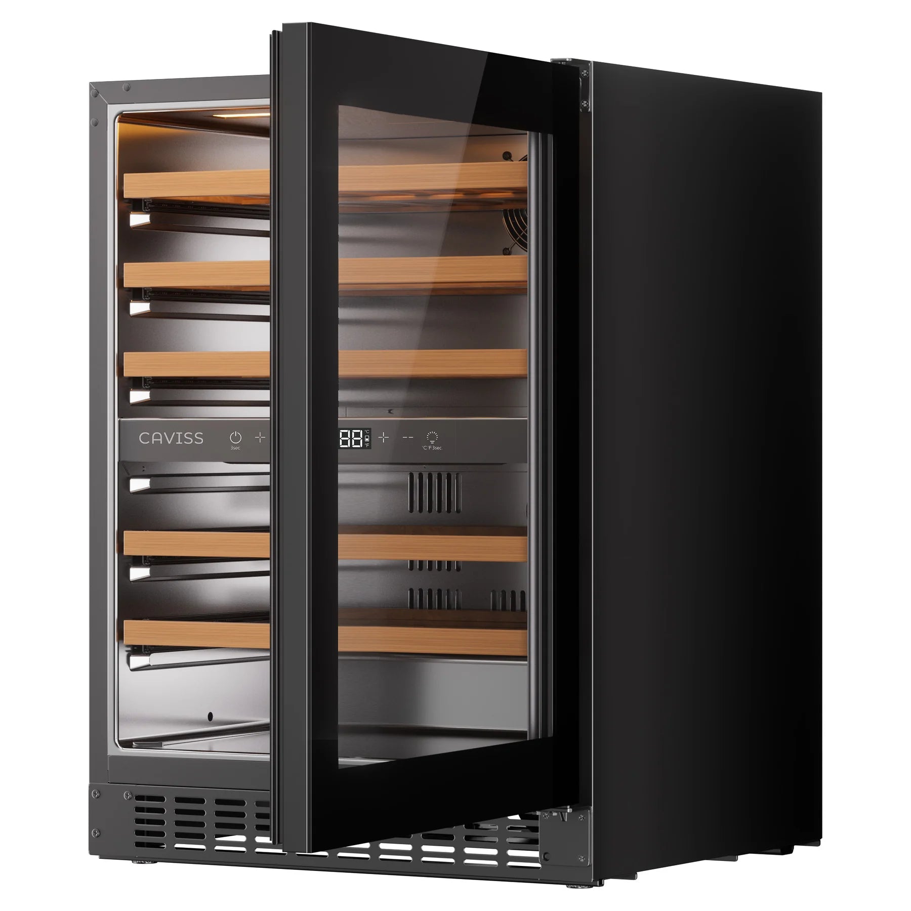 Vinoteca Caviss CT2SP46H82N60 abierta y vacía, vista de tres cuartos