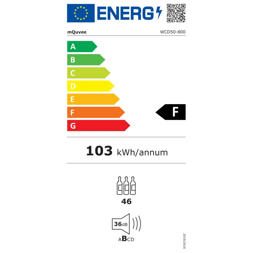 Etiqueta energética europea del modelo mQuvée WCD50-800 con clasificación F, consumo anual de 103 kWh, capacidad para 46 botellas y nivel de ruido de 36 decibelios.