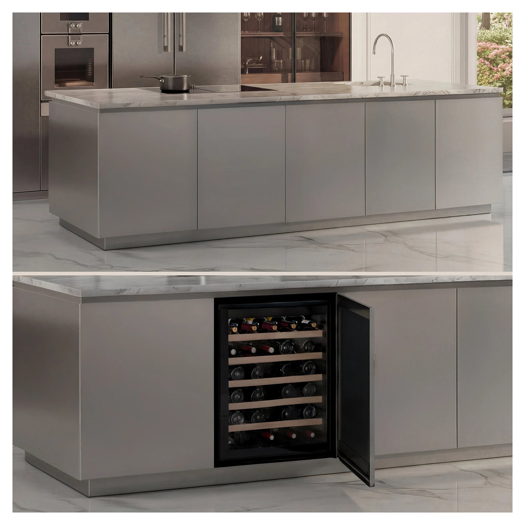 Cocina moderna con isla central de acabado metálico; la imagen inferior muestra una vinoteca empotrada con la puerta abierta y varias botellas almacenadas.