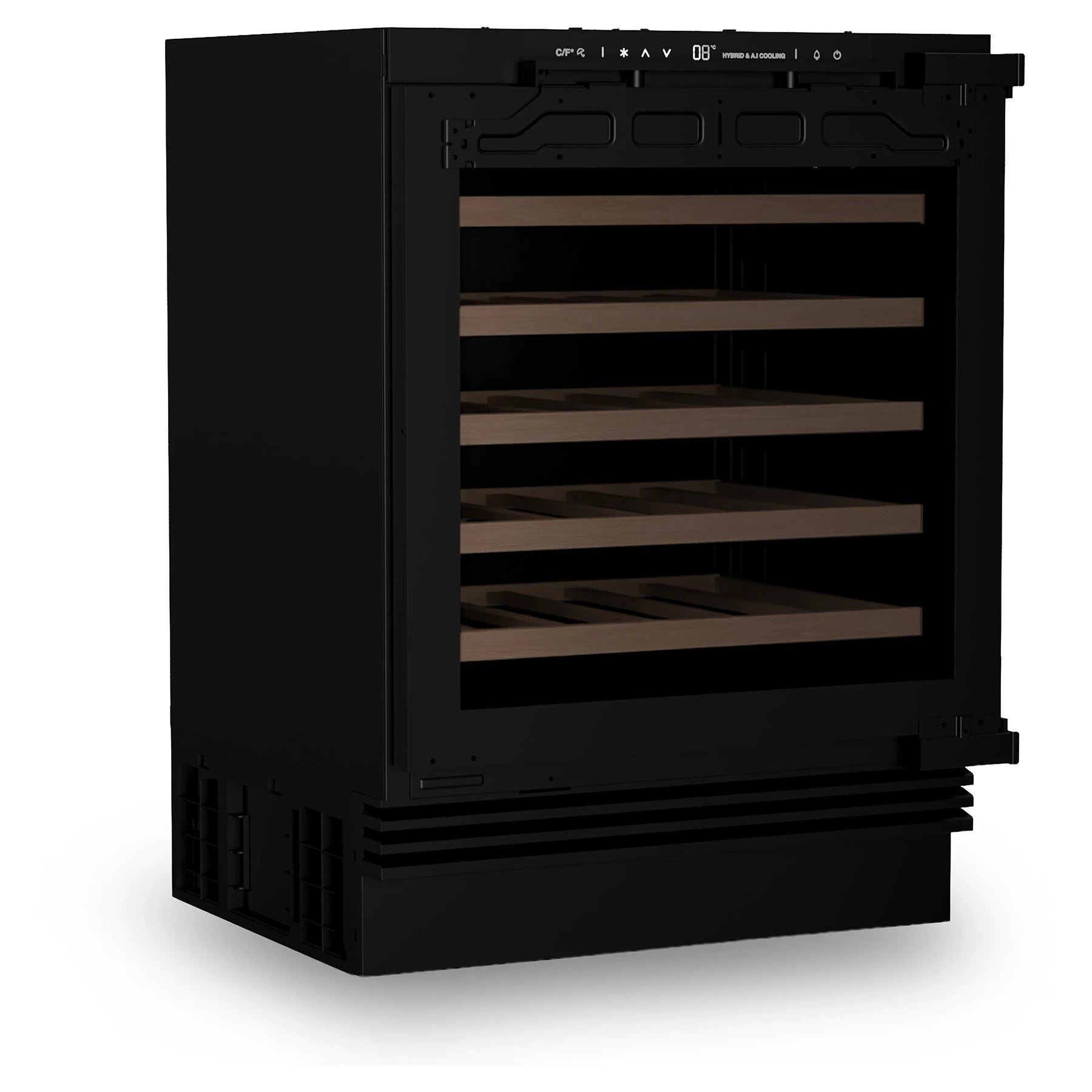 Vinoteca empotrable de 48 botellas vista en ángulo, con estructura negra, puerta de vidrio con marco oscuro y estantes horizontales de madera clara.