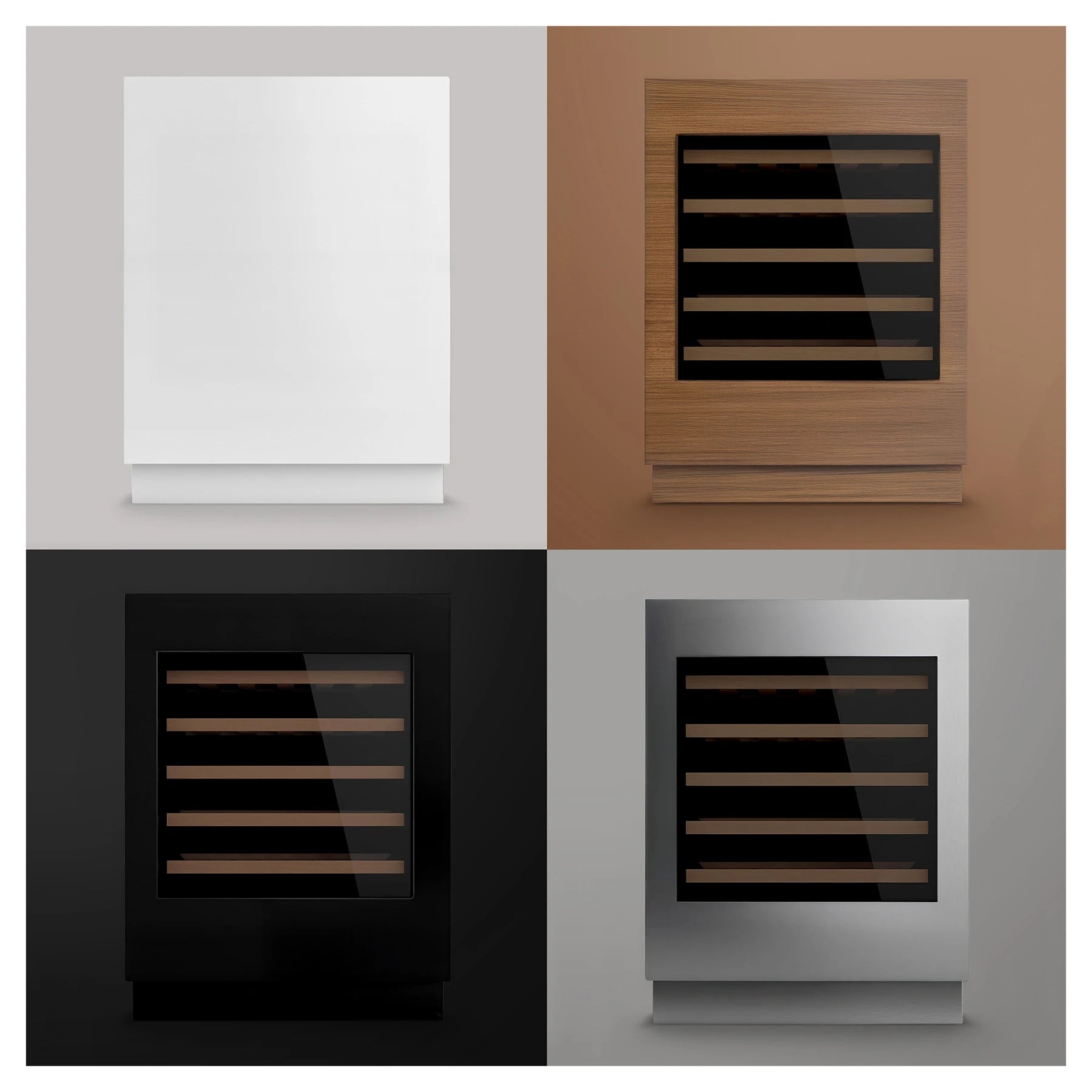 Vista comparativa de cuatro paneles frontales para vinoteca, incluyendo acabados en blanco mate, madera natural, negro brillante y acero cepillado, cada uno con rejilla inferior y repisas visibles en los tres últimos.