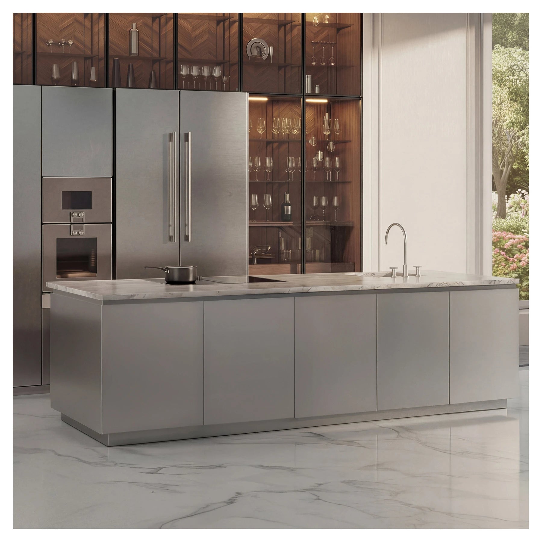 Cocina contemporánea con isla central de acabado metálico y encimera de mármol, frente a un refrigerador doble y vitrina iluminada con cristalería de fondo.