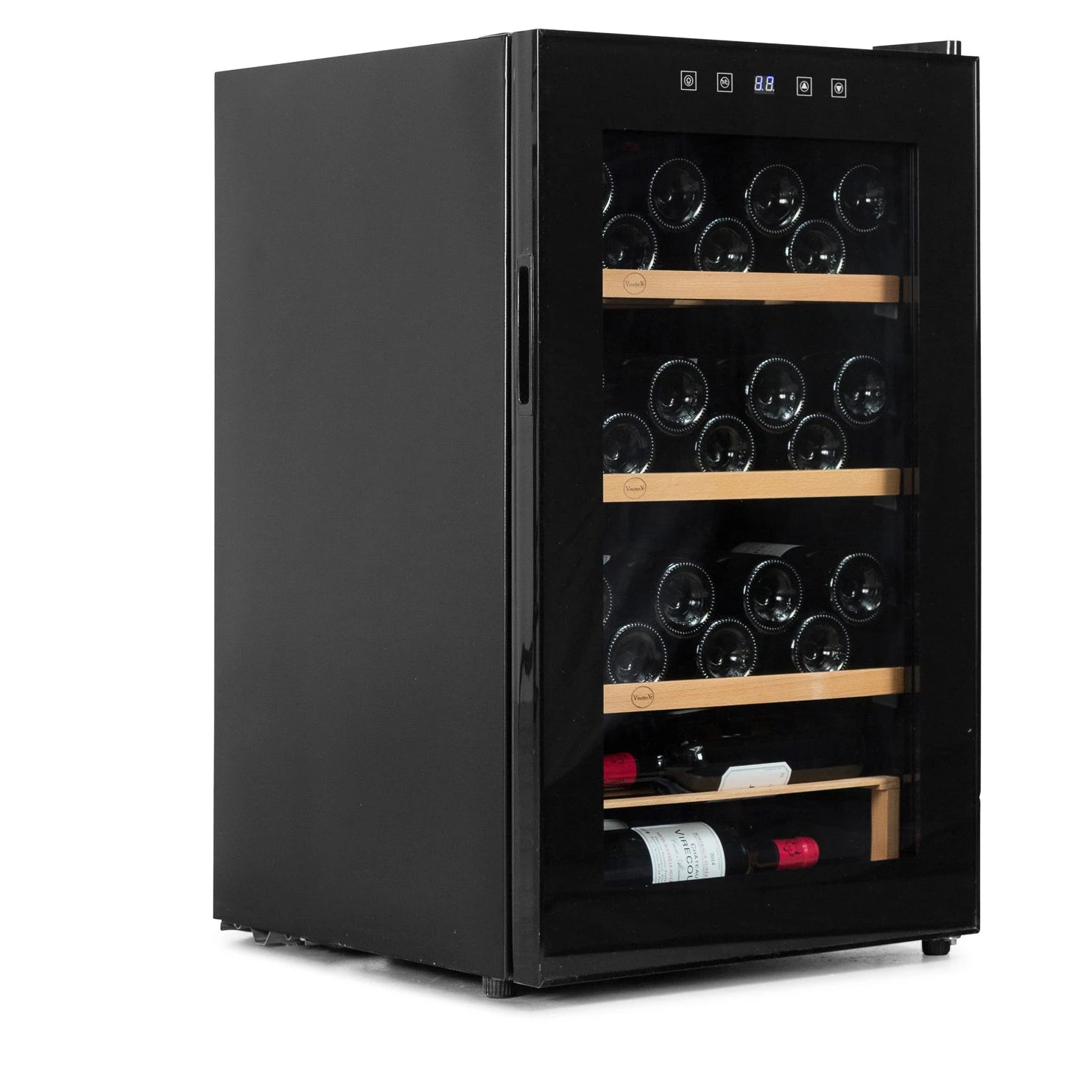 Vista lateral de la vinoteca Vinobox 48 Pro en color negro, mostrando su diseño compacto con puerta acristalada y estantes interiores de madera.