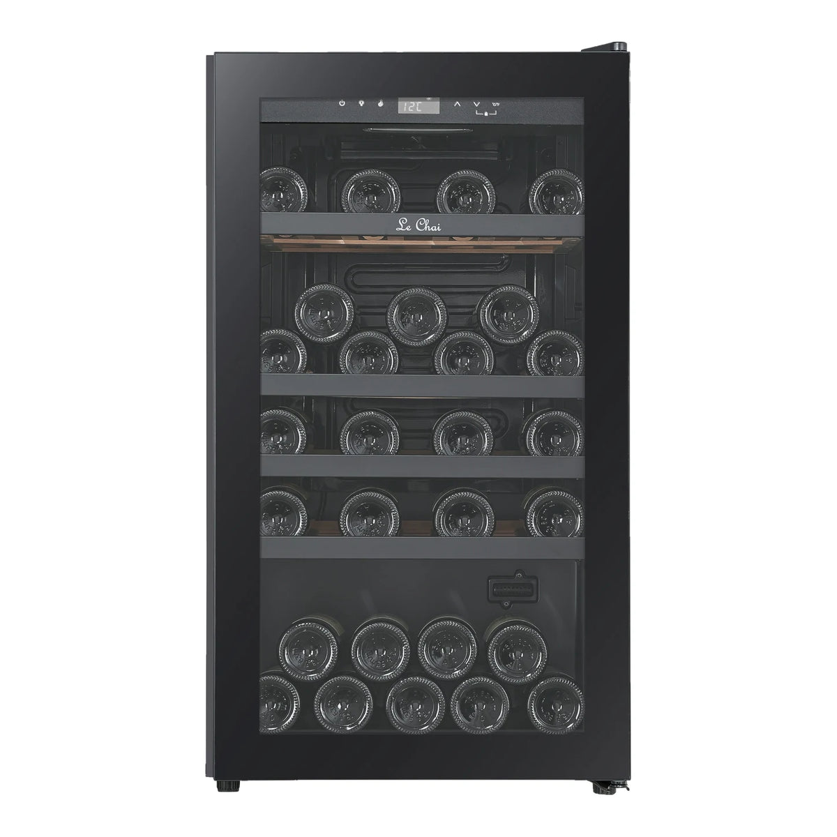 Le Chai LCT1FS49 49-bottle wine cooler, front view with the door closed, full of bottles, with the Black Inox shelf fronts.