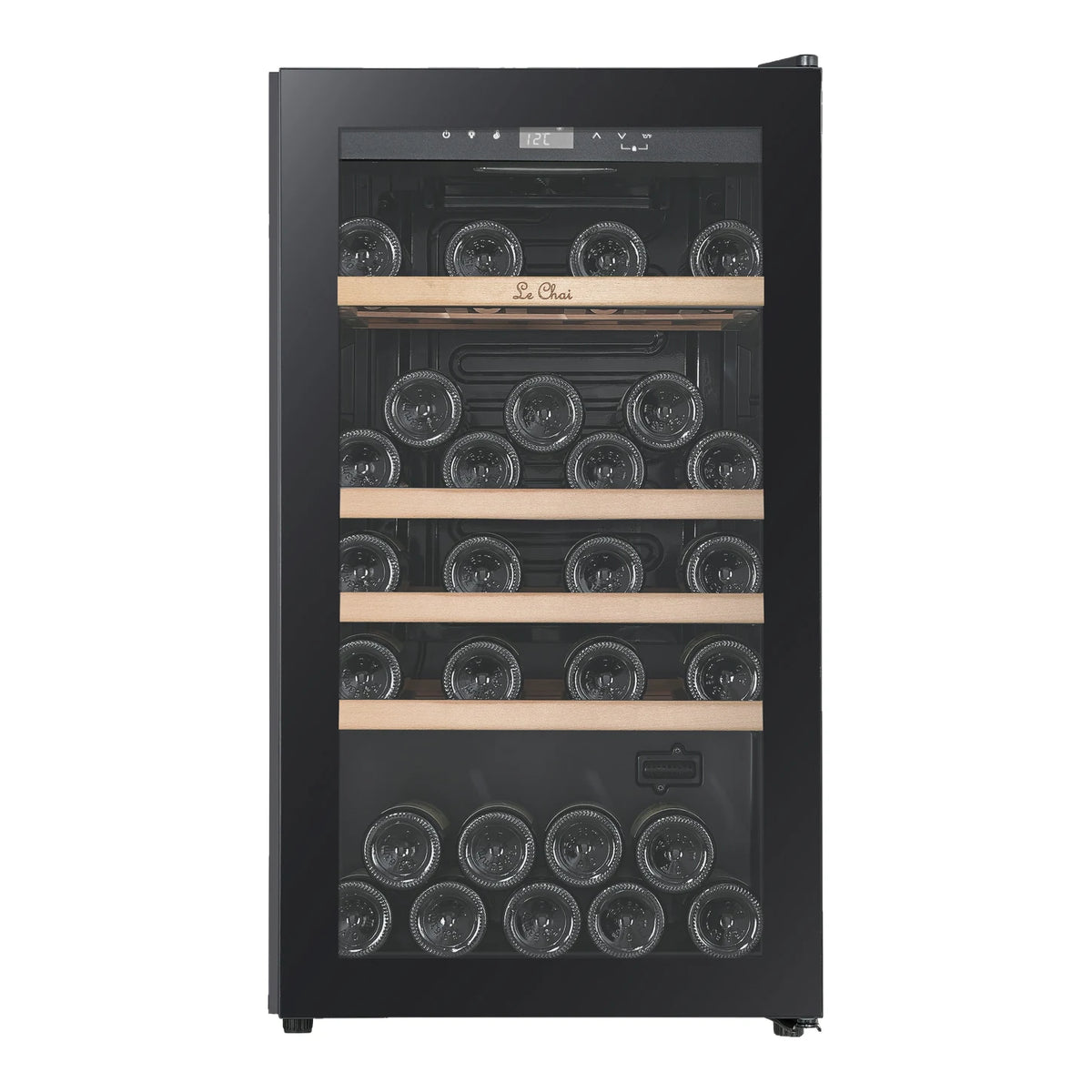 Le Chai LCT1FS49 49-bottle wine cooler, front view with the door closed, full of bottles, with the wooden shelves without the Black Inox front.