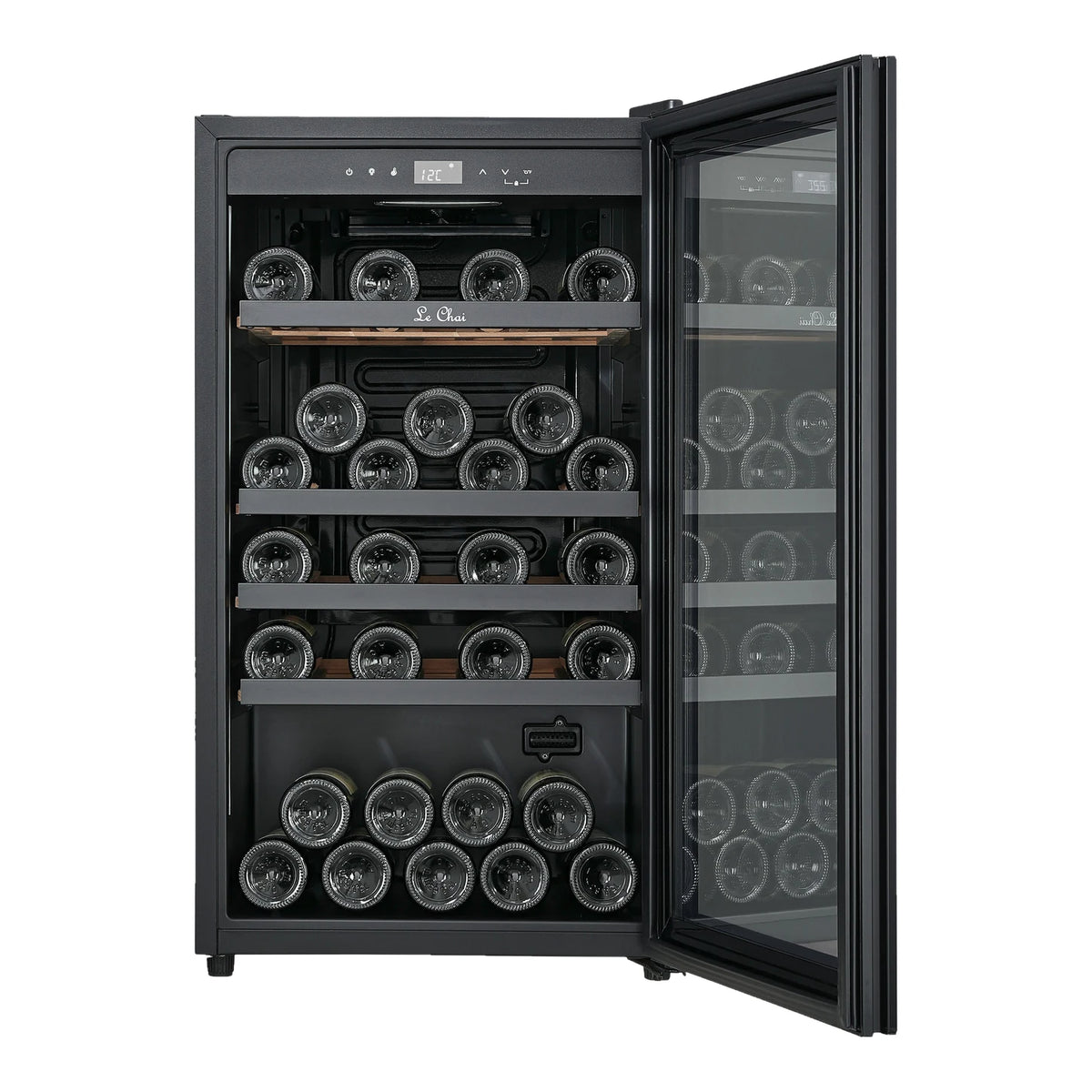 Le Chai LCT1FS49 49-bottle wine cooler, front view with the door open and the bottles on the shelves.