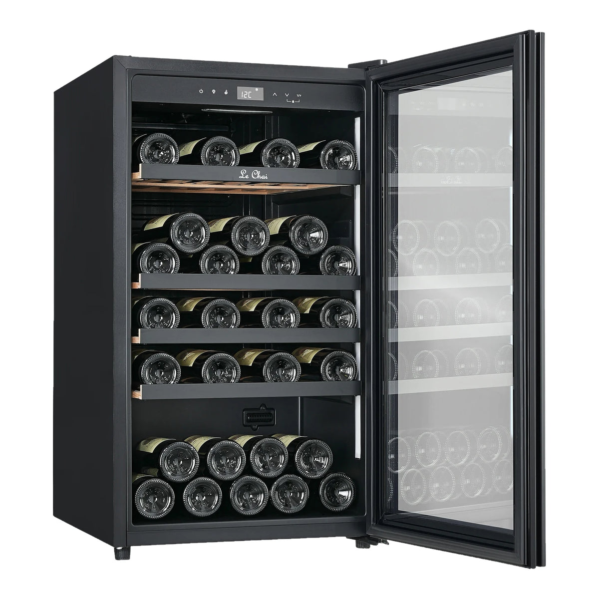 Le Chai LCT1FS49 49-bottle wine cooler, three-quarter view with the door open and the bottles on the shelves.