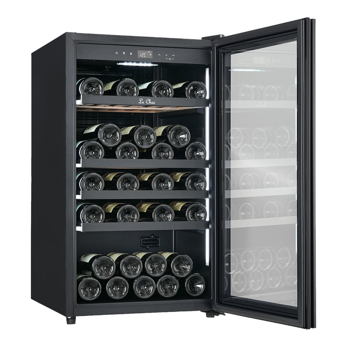 Le Chai LCT1FS49 49-bottle wine cooler, three-quarter view with the door open, full of bottles and with the lighting on.
