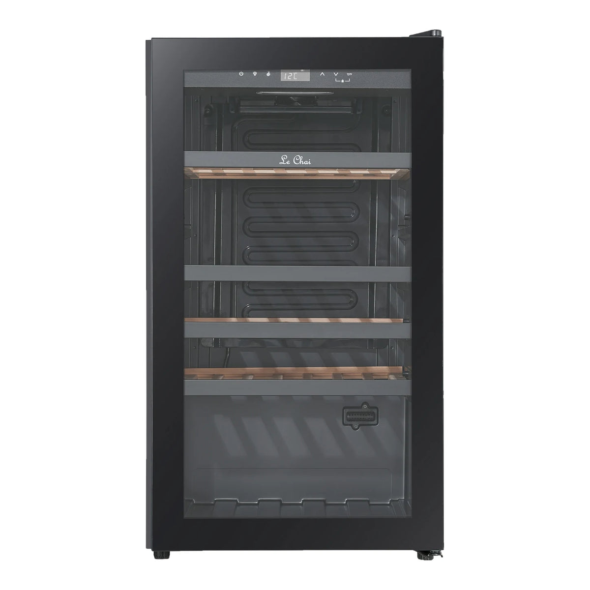Le Chai LCT1FS49 49-bottle wine cooler, empty, front view with the door closed.