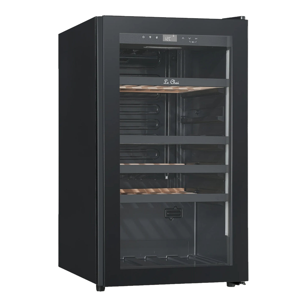 Le Chai LCT1FS49 49-bottle wine cooler, empty, three-quarter view with the door closed.