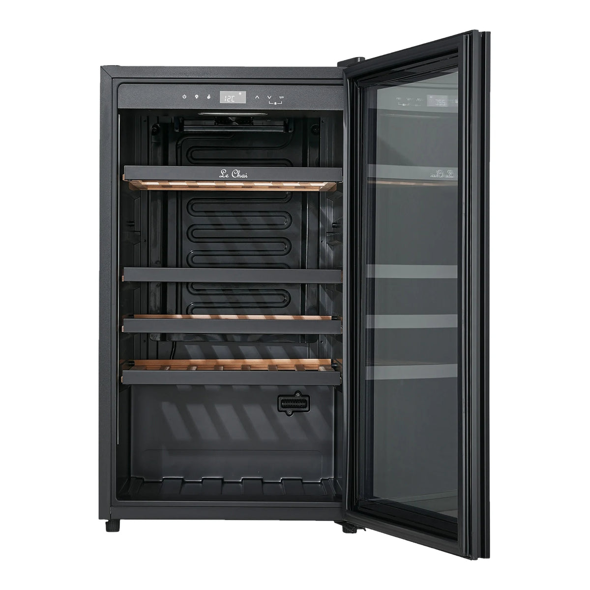Le Chai LCT1FS49 49-bottle wine cooler, empty, front view with the door open and the shelves in view.