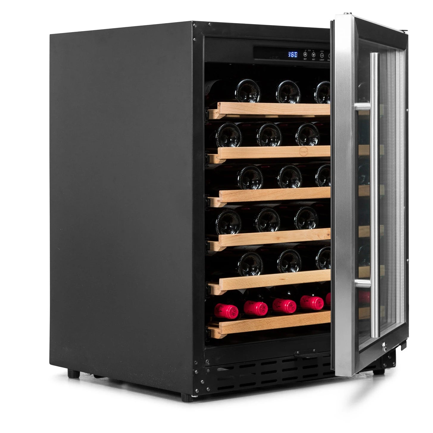 Detalle de la vinoteca Vinobox V50 GC 1T Inox con marco de acero inoxidable y puerta anti UV.