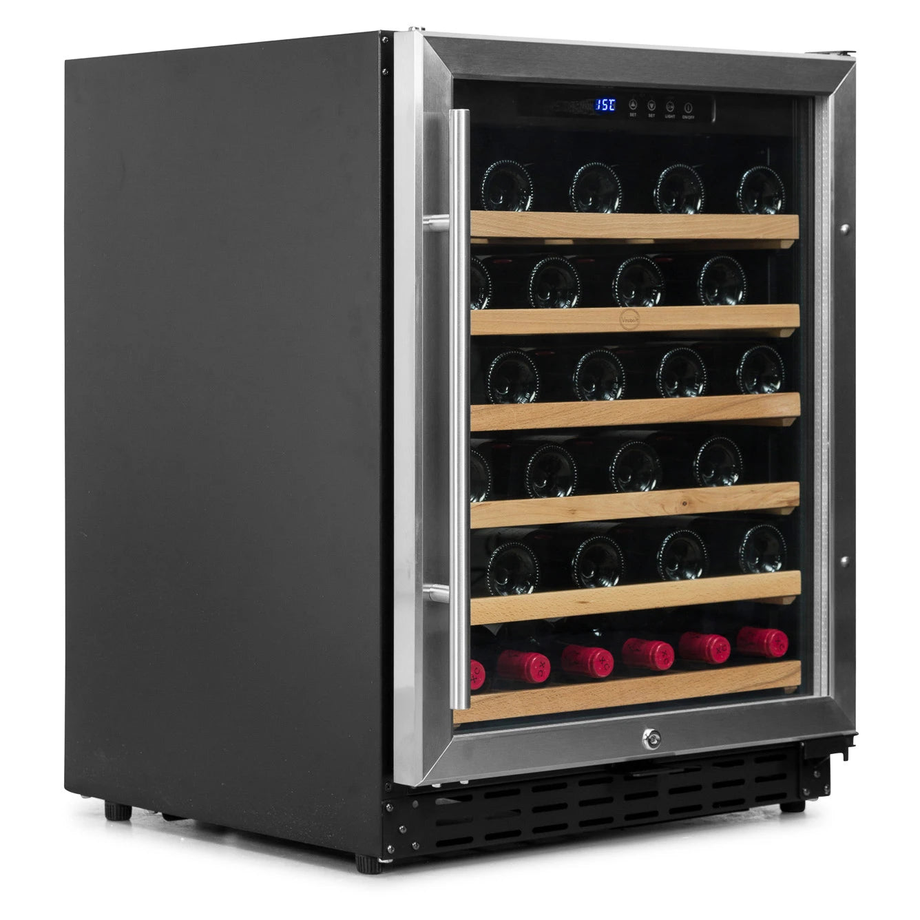 Interior de la vinoteca Vinobox V50 GC 1T Inox con seis bandejas de madera para botellas.
