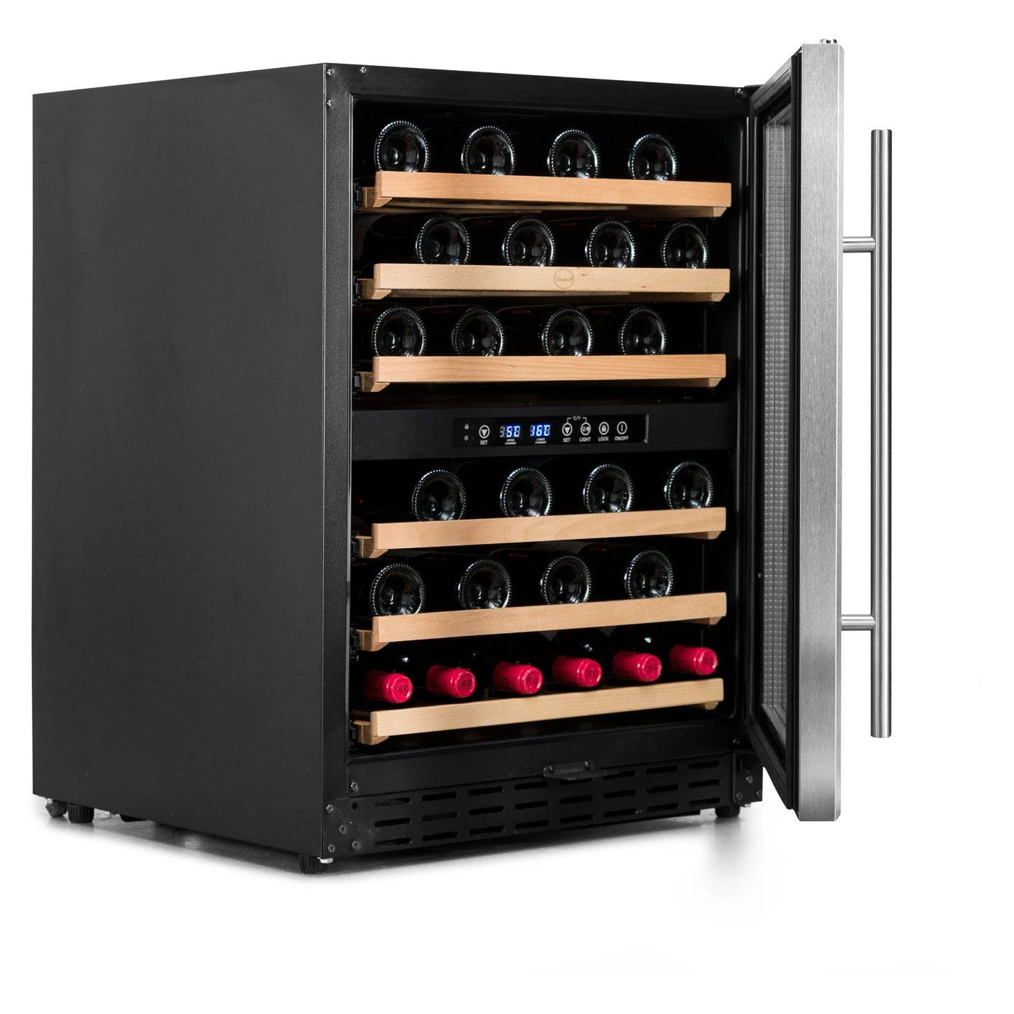 Detalle de la vinoteca Vinobox V50 GC 2T Inox con puerta de doble cristal anti UV y marco inox.