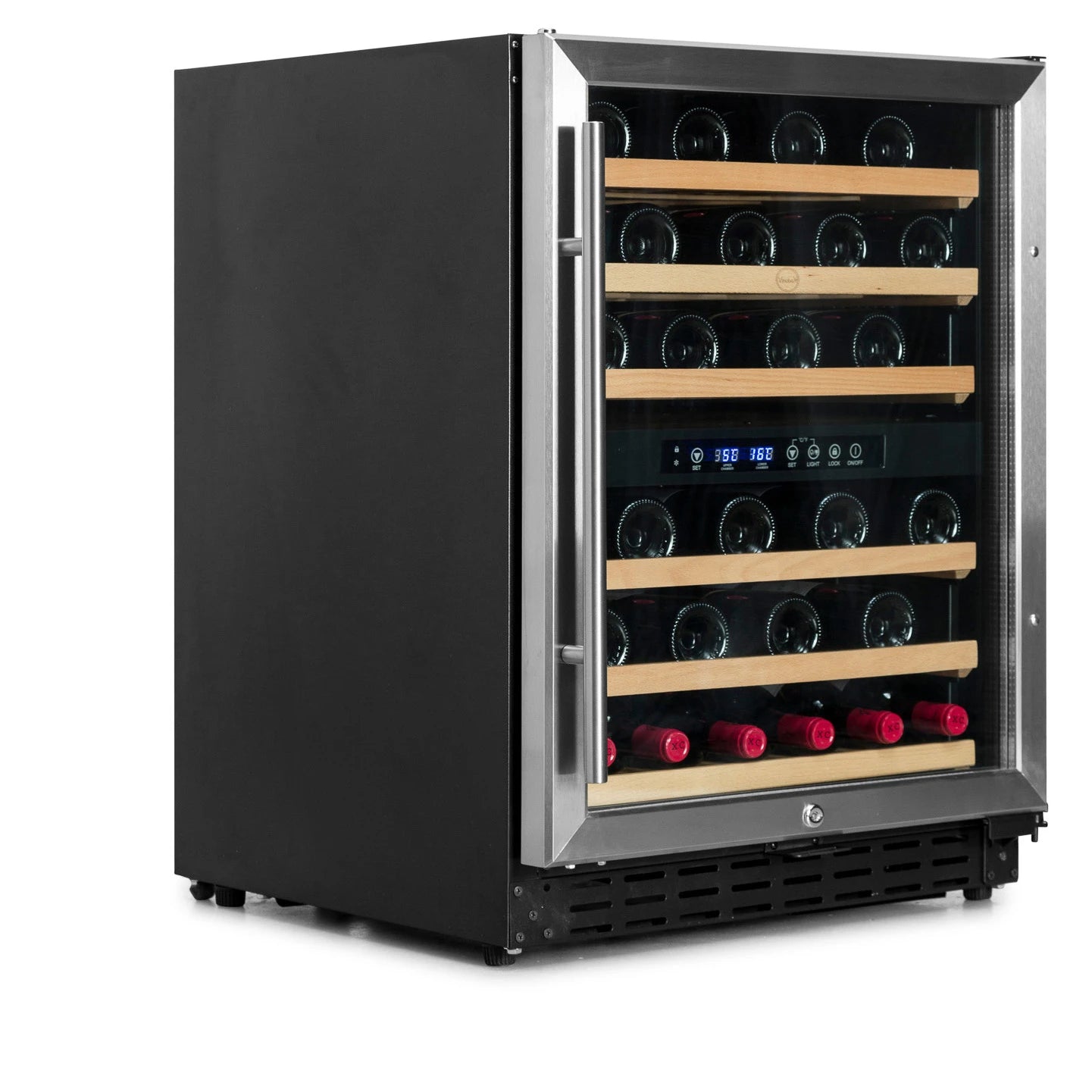 Interior de la vinoteca Vinobox V50 GC 2T Inox con doble zona y seis bandejas de madera.