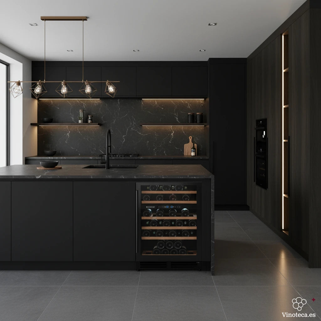 Cocina moderna de diseño minimalista en tonos oscuros, con una vinoteca Climadiff CBU50D2B empotrada en la isla central, rodeada de muebles negros, encimeras de mármol y estanterías retroiluminadas.