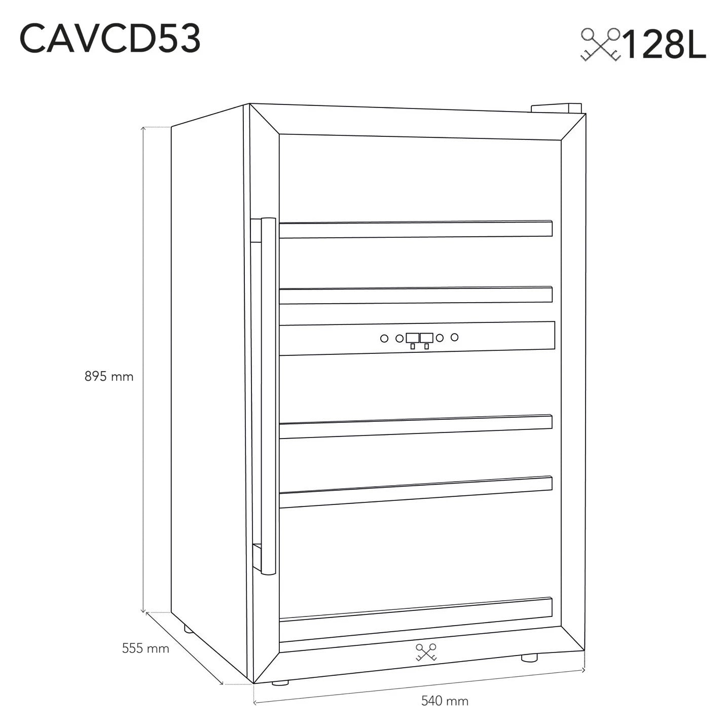 Esquema técnico de la vinoteca Les Petits Champs CAVCD53 con dimensiones, capacidad de 128 litros y distribución interna.
