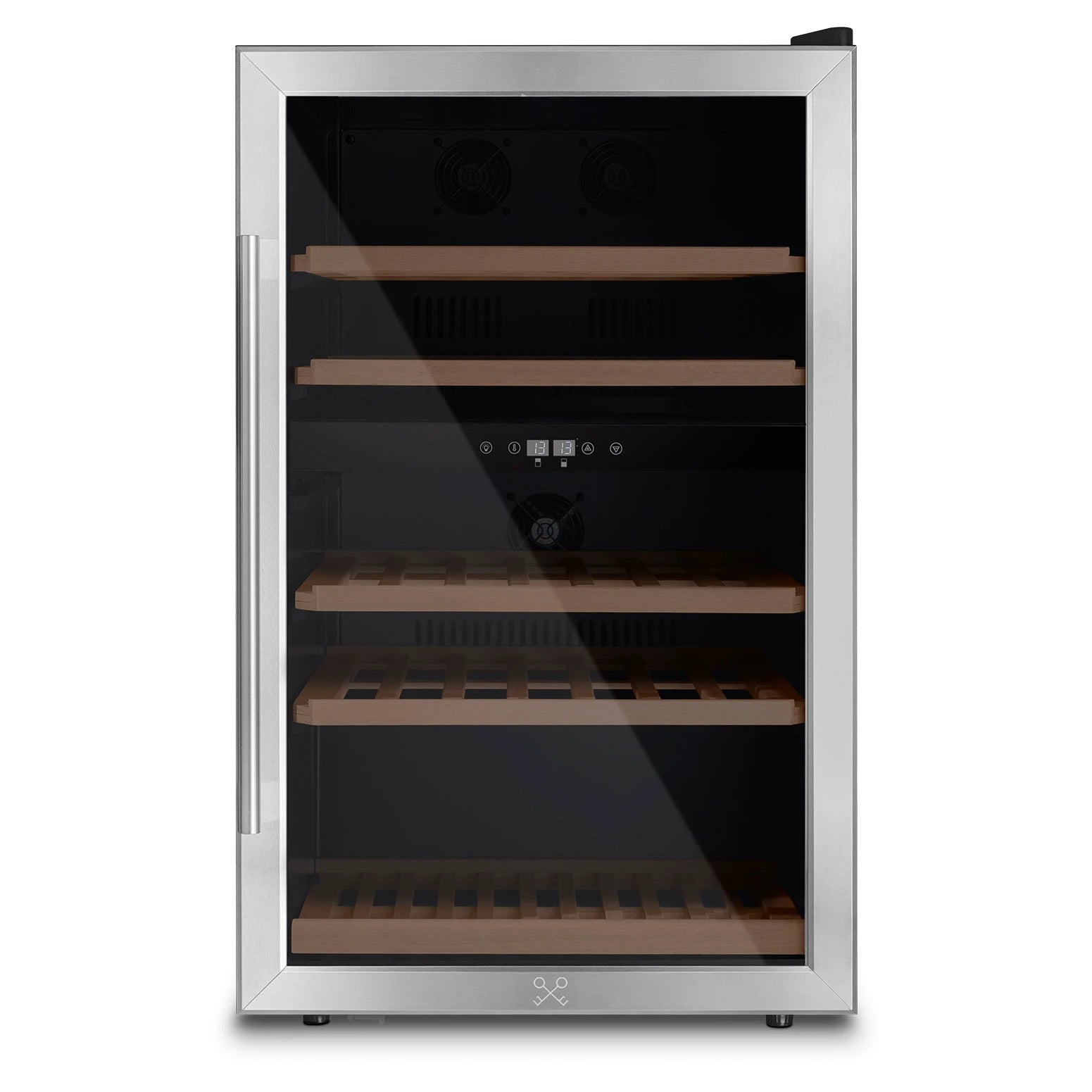 Vista frontal de la vinoteca Les Petits Champs CAVCD53 vacía, con puerta de cristal, estantes de madera y diseño elegante.