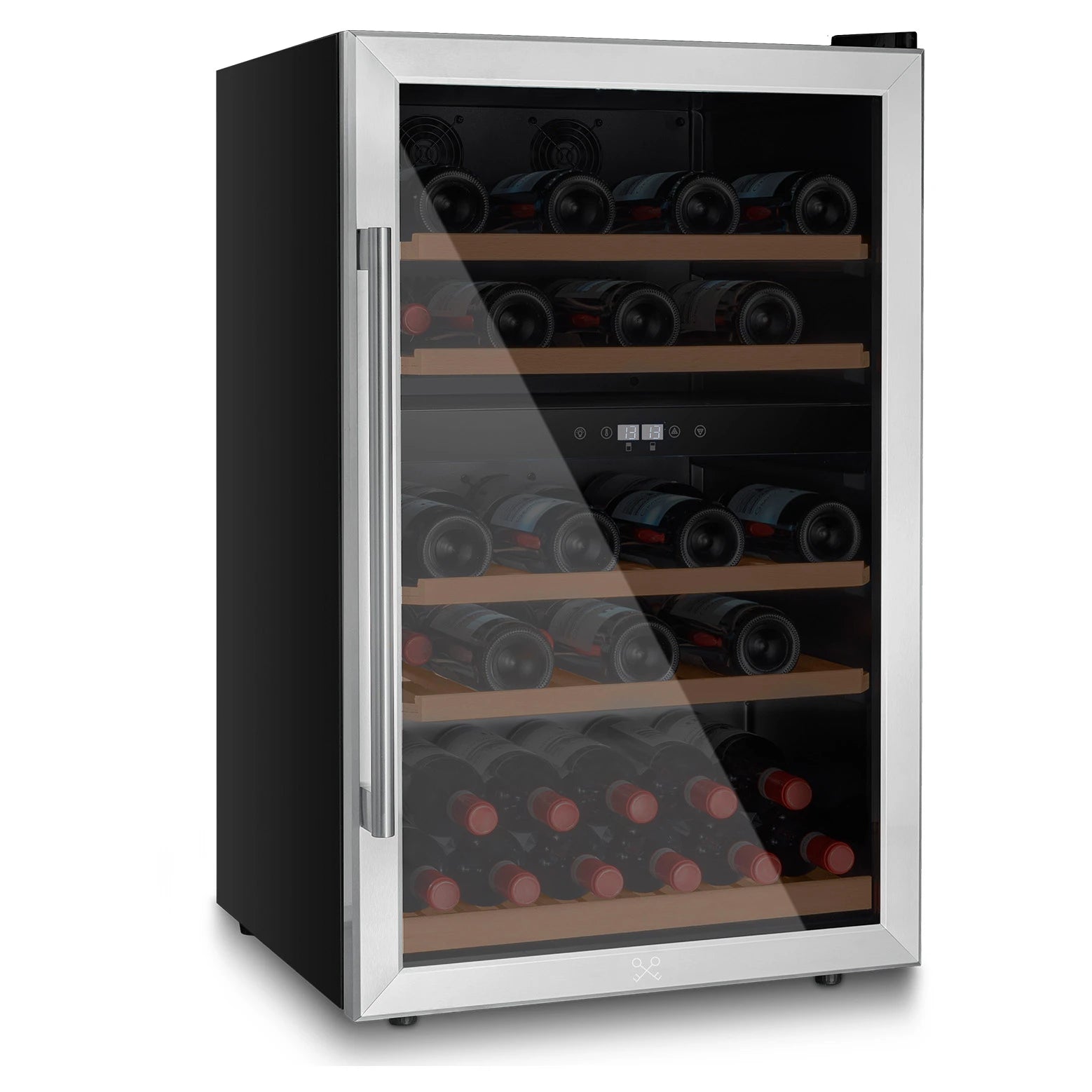 Vinoteca Les Petits Champs CAVCD53 con puerta cerrada y acabado en inox, mostrando varias botellas distribuidas en sus estantes.