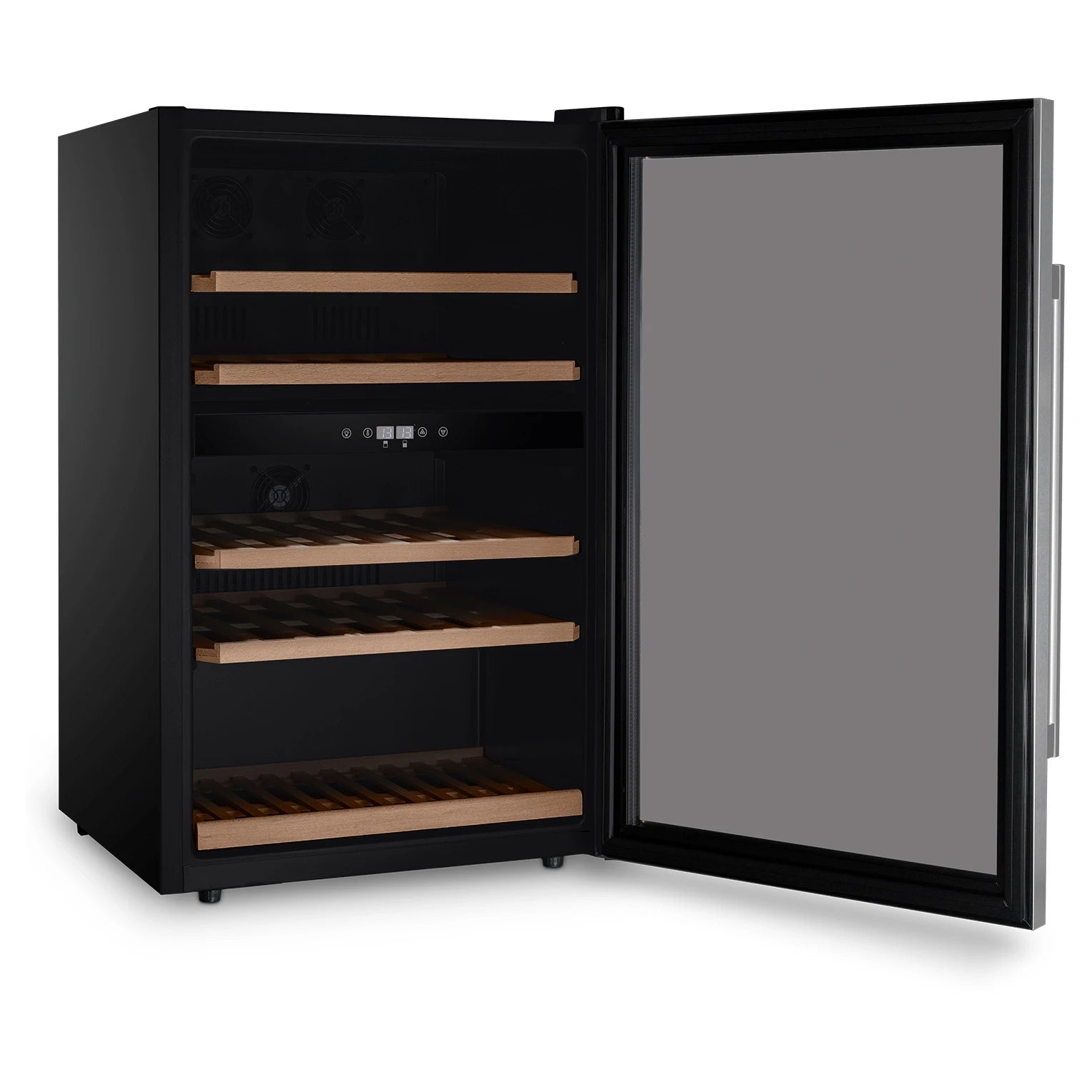 Interior vacío de la vinoteca Les Petits Champs CAVCD53 con puerta abierta, baldas de madera y panel de control digital visible.