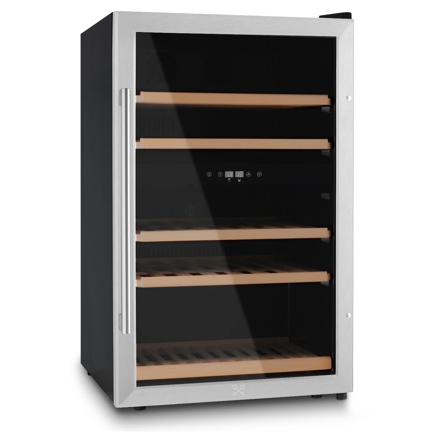 Vista frontal de la vinoteca Les Petits Champs CAVCD53 con puerta de cristal cerrada, estantes de madera visibles y diseño compacto.