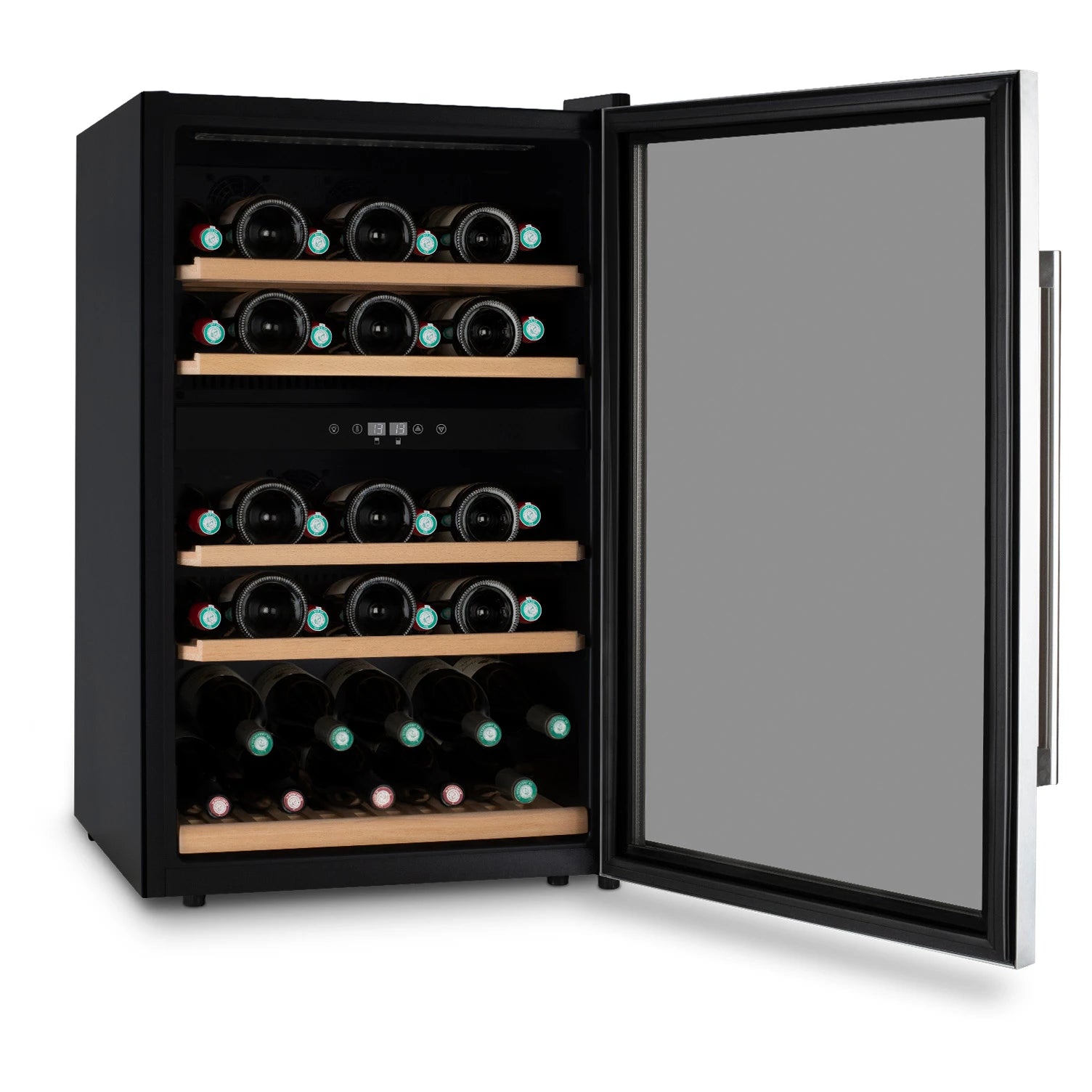 Interior de la vinoteca Les Petits Champs CAVCD53 con puerta abierta, múltiples estantes de madera y botellas almacenadas horizontalmente.