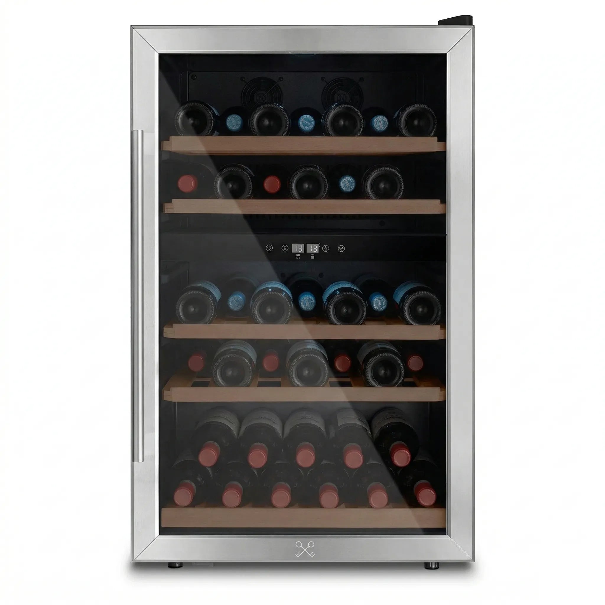 Vista frontal de la vinoteca Les Petits Champs CAVCD53 llena de botellas de vino, con puerta de cristal, estantes de madera y diseño elegante.