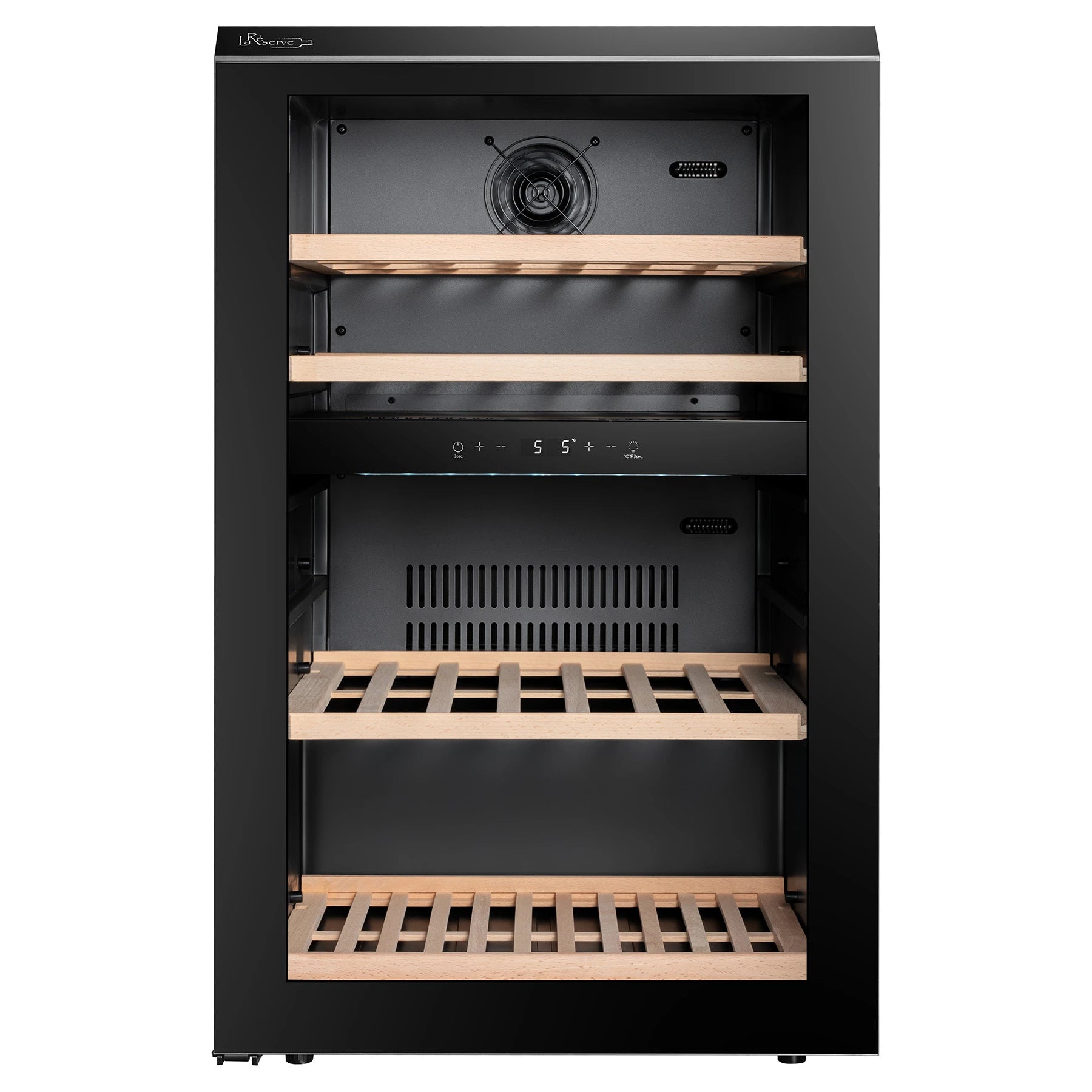 Vinoteca La Réserve RWC254FN1 con acabado negro y puerta reversible de cristal