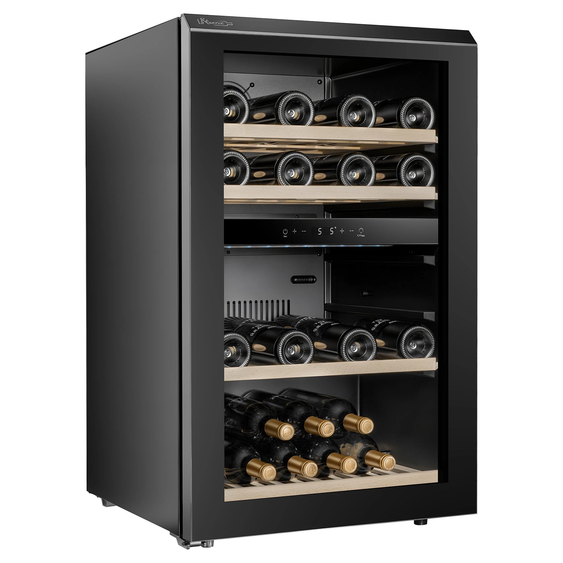 Detalle de la vinoteca La Réserve RWC254FN1 con puerta de cristal negro y diseño doméstico