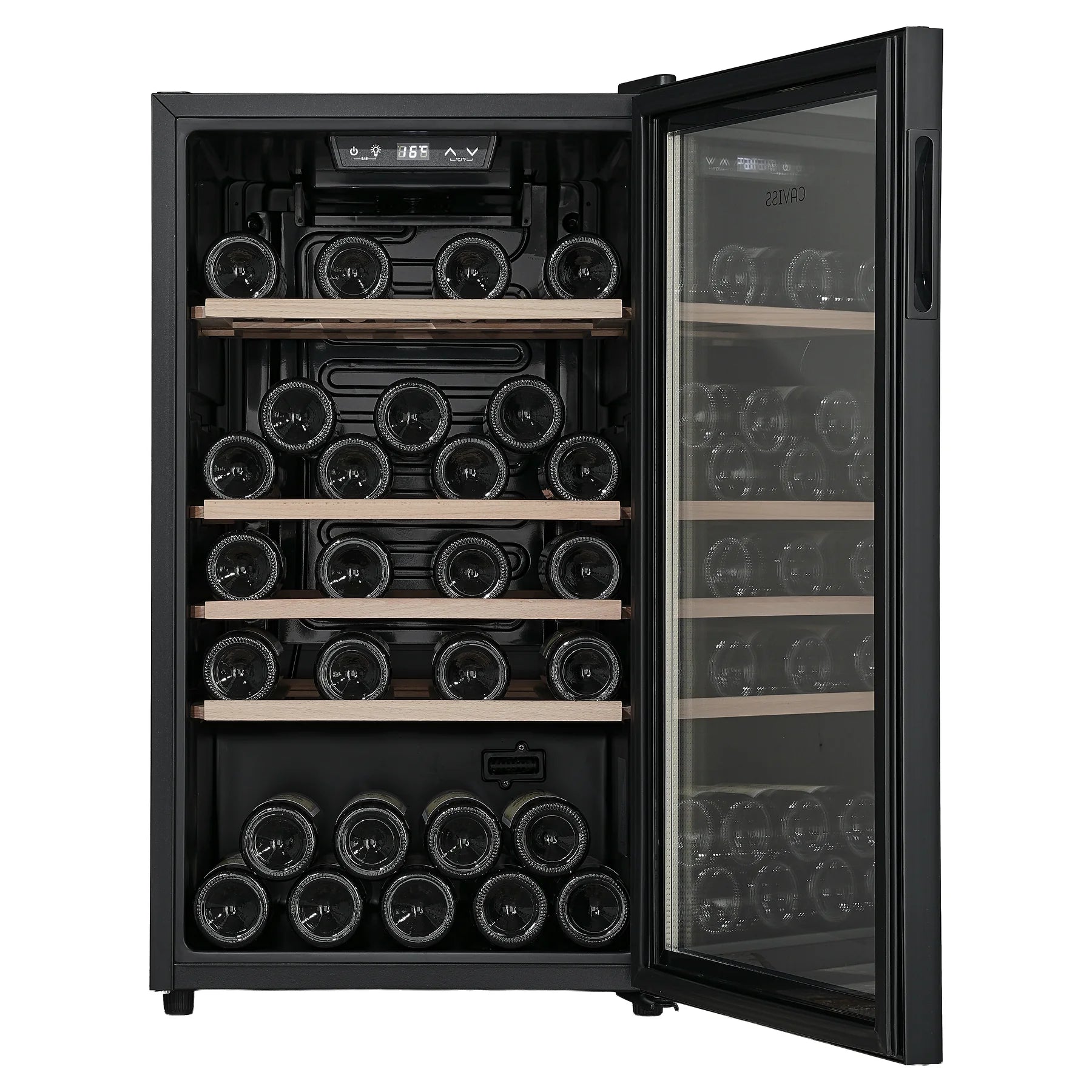 Vinoteca Caviss CT1PL56CB abierta con los cuatro estantes de madera llenos