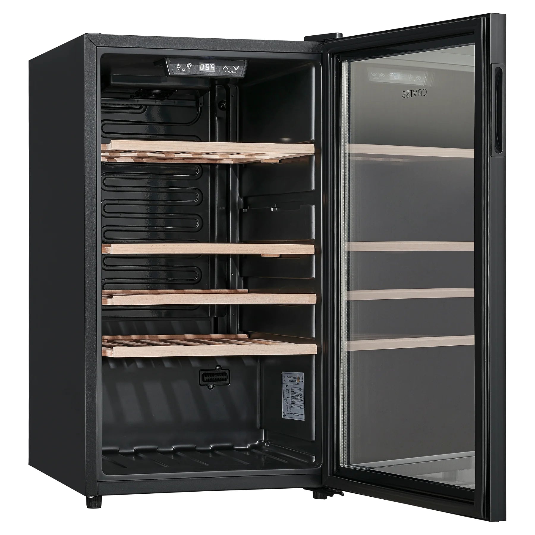 Vinoteca Caviss CT1PL56CB abierta y vacía, vista de tres cuartos