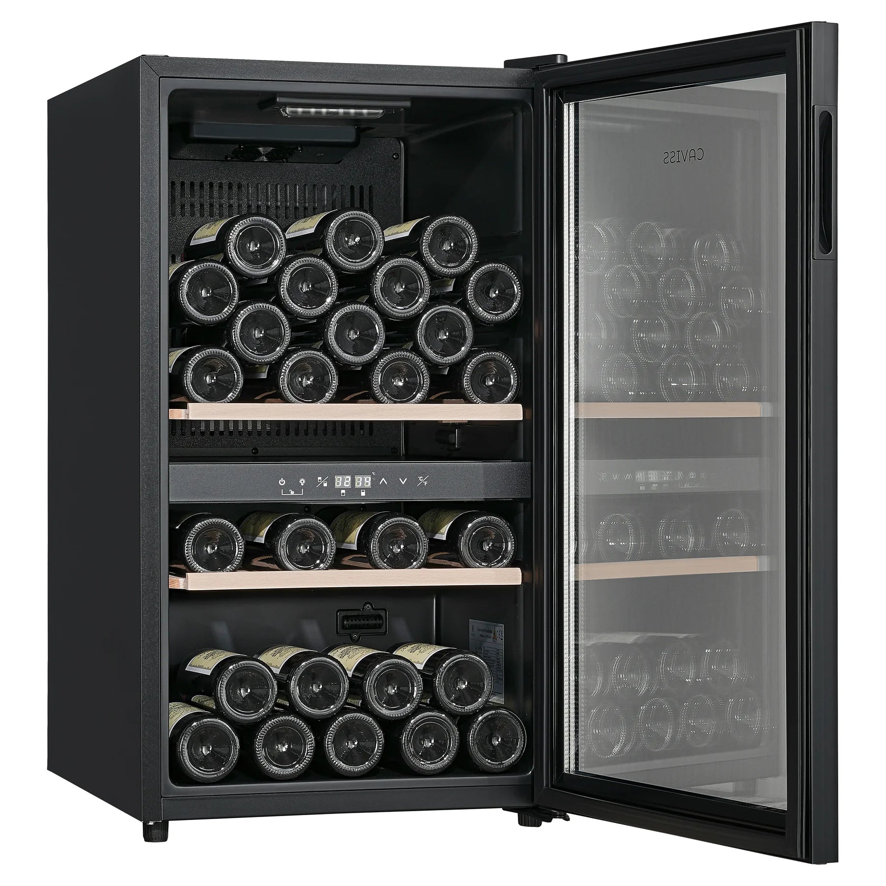 Vinoteca Caviss CT2PL56CB abierta y llena de botellas, vista de tres cuartos