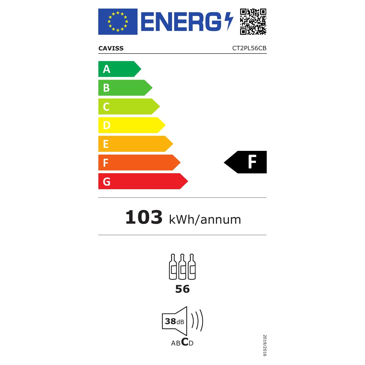 Etiqueta energética de la vinoteca Caviss CT2PL56CB, clase F