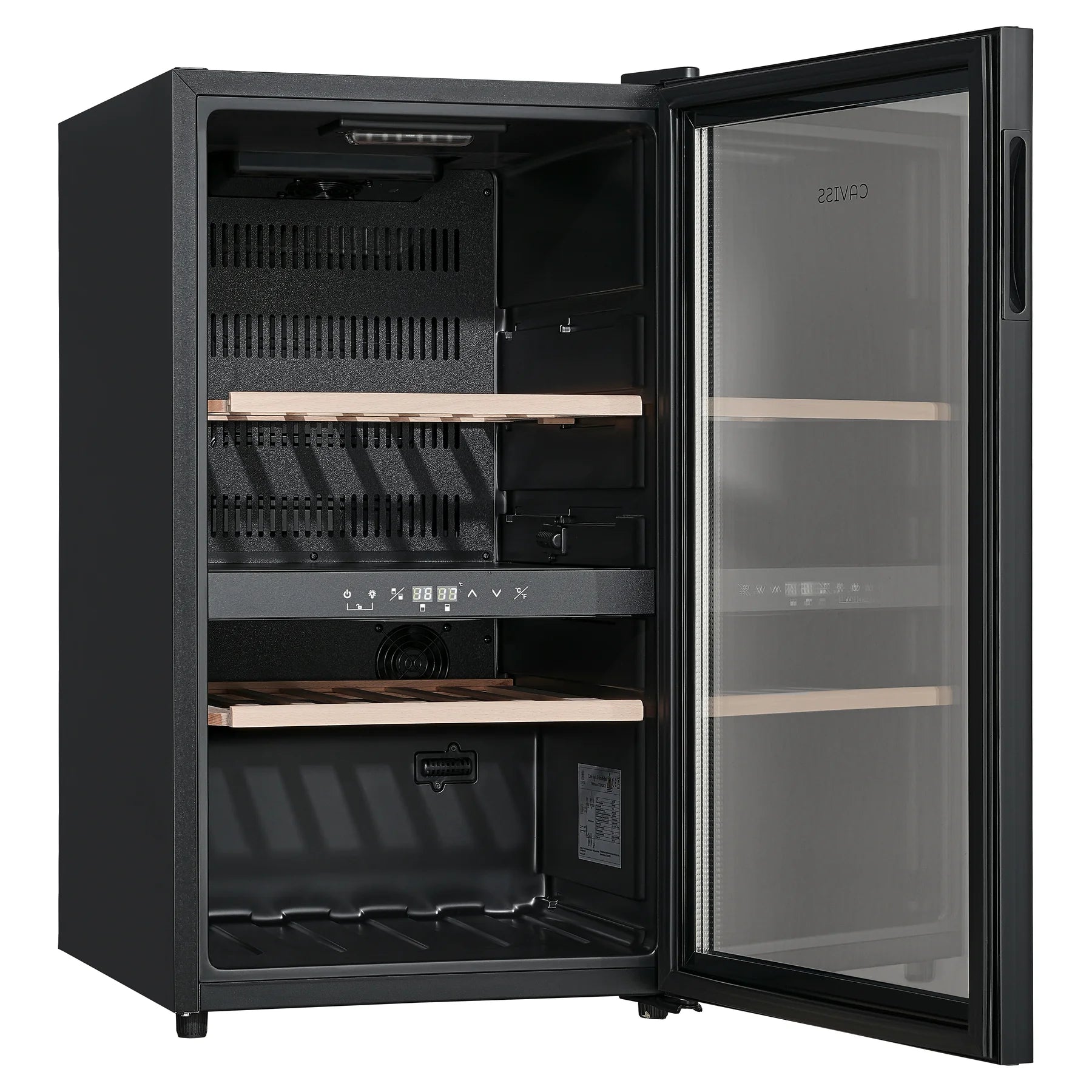 Vinoteca Caviss CT2PL56CB abierta y vacía, vista de tres cuartos
