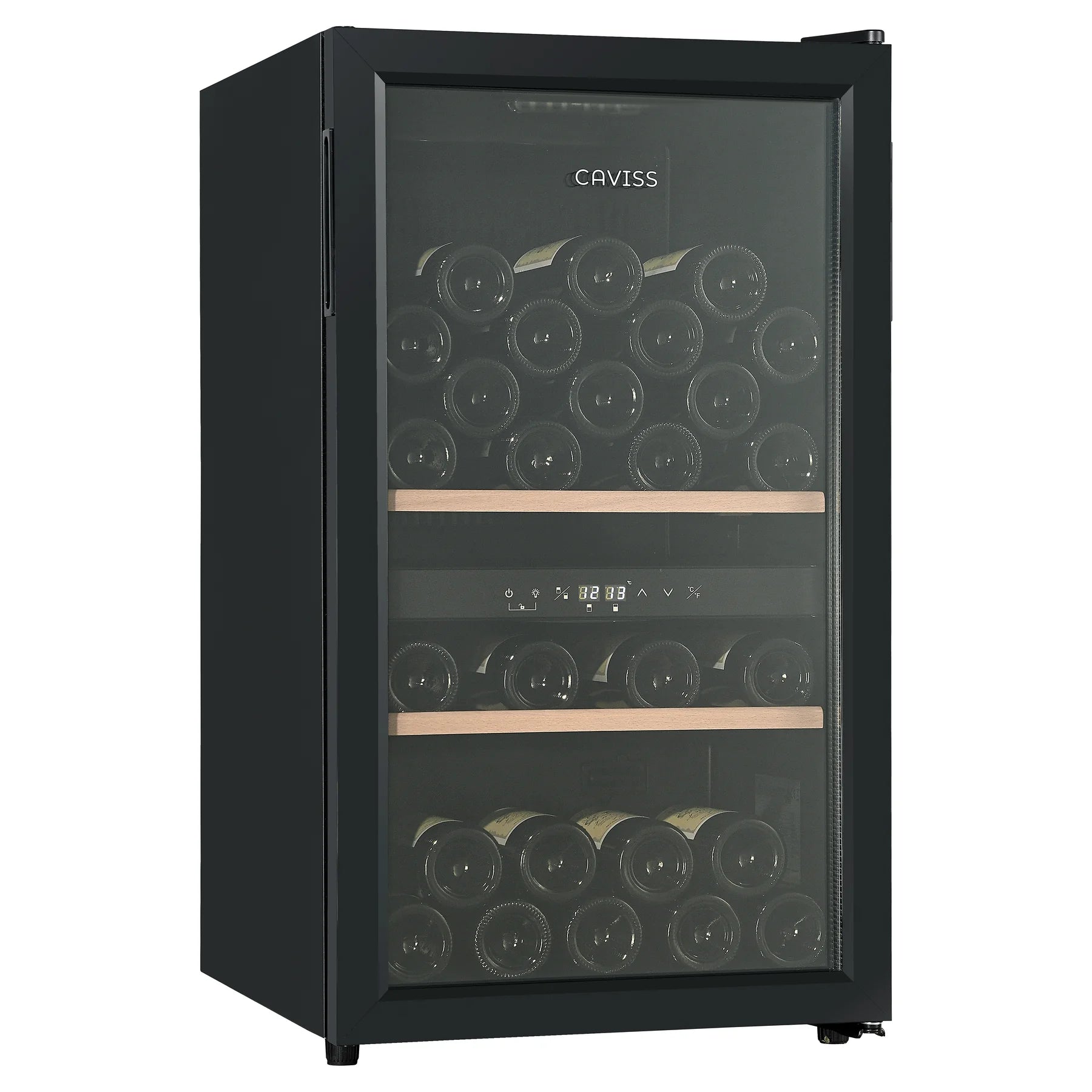 Vinoteca Caviss CT2PL56CB cerrada con botellas en el interior, vista de tres cuartos
