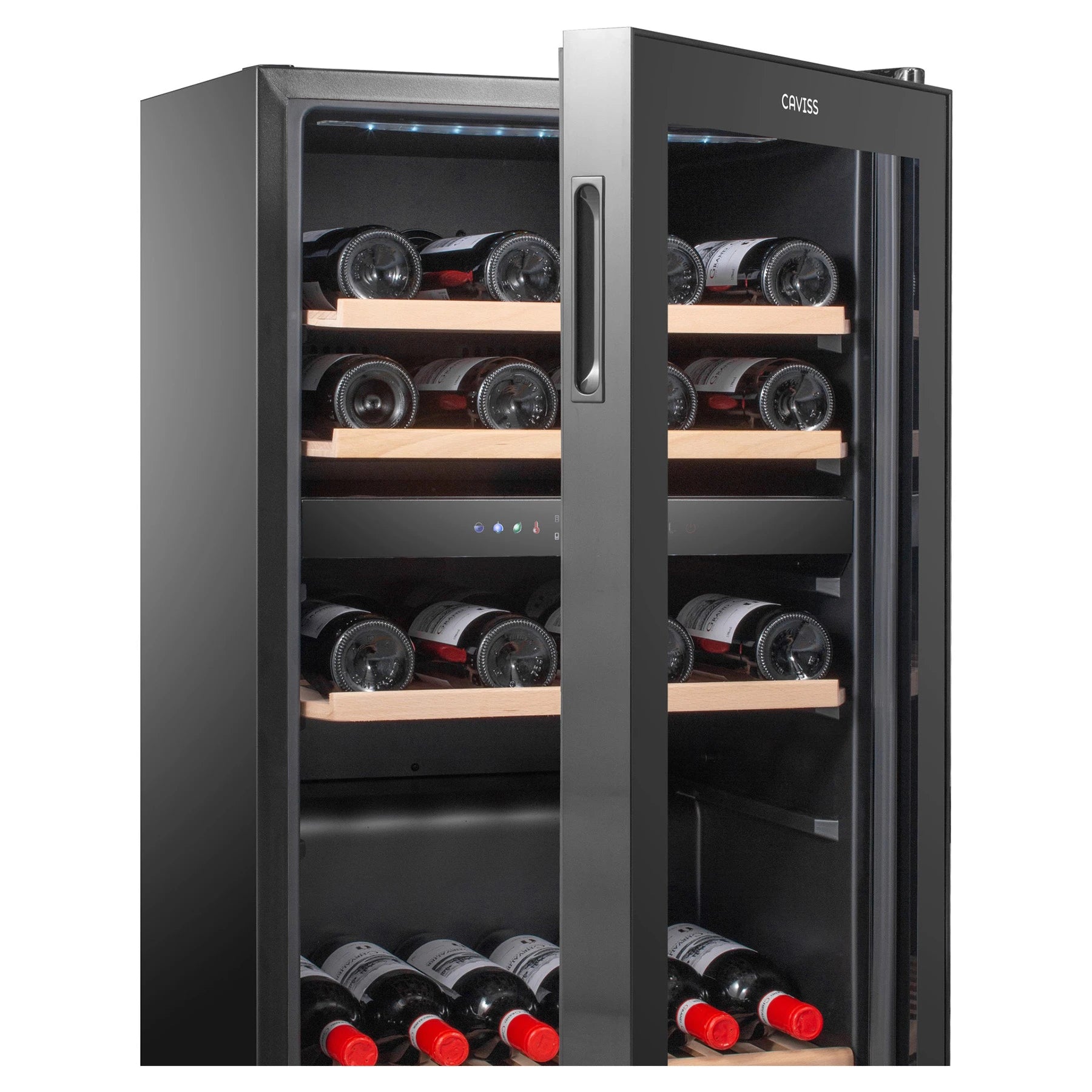 Vinoteca Caviss C259CBEG de 59 botellas, doble zona, vista del modelo negro.