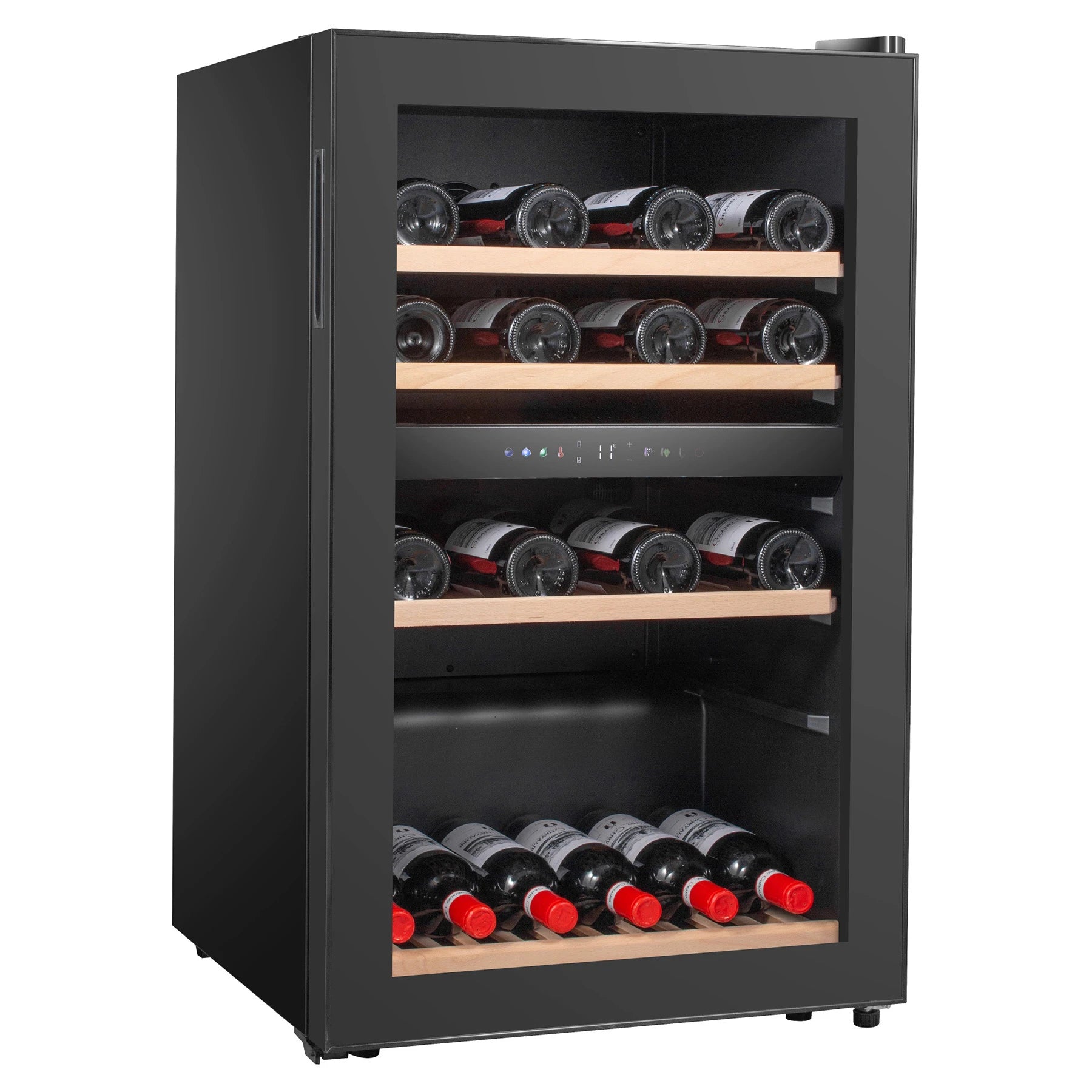 Vinoteca Caviss C259CBEG de 59 botellas, vista del interior con estantes de madera.