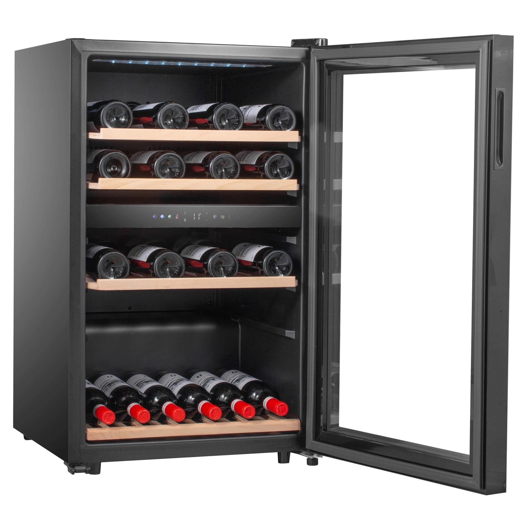 Caviss C259CBEG, vinoteca doble zona con iluminación LED blanca y botellas visibles.