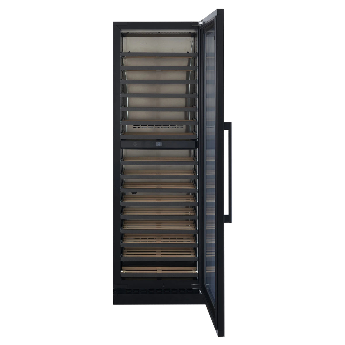 64-bottle Nestor M Wine NWV264SGN1 wine cooler with black glass door open, front view