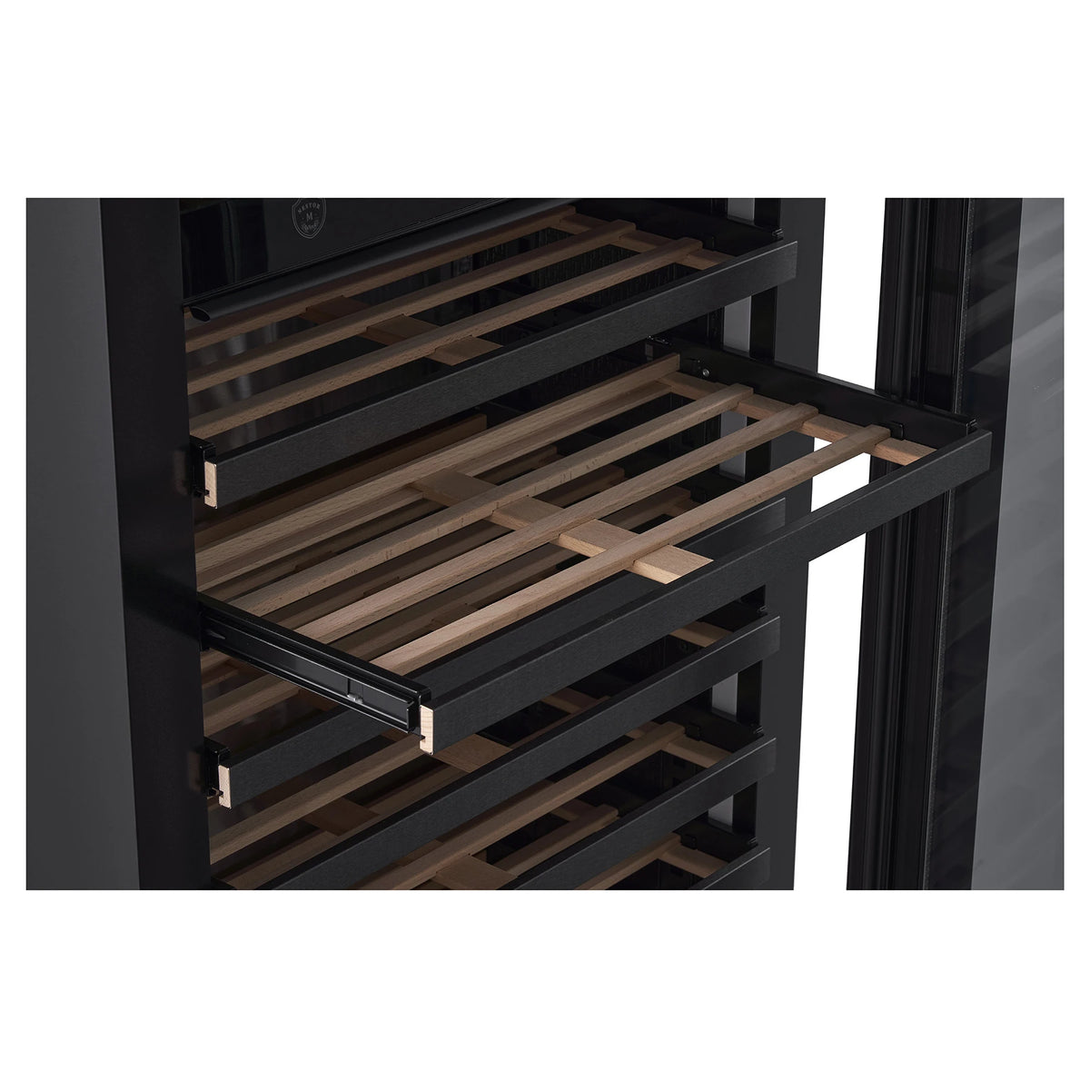 Sliding wooden shelf pulled out of the Nestor M Wine NWV264SGN1 wine cooler