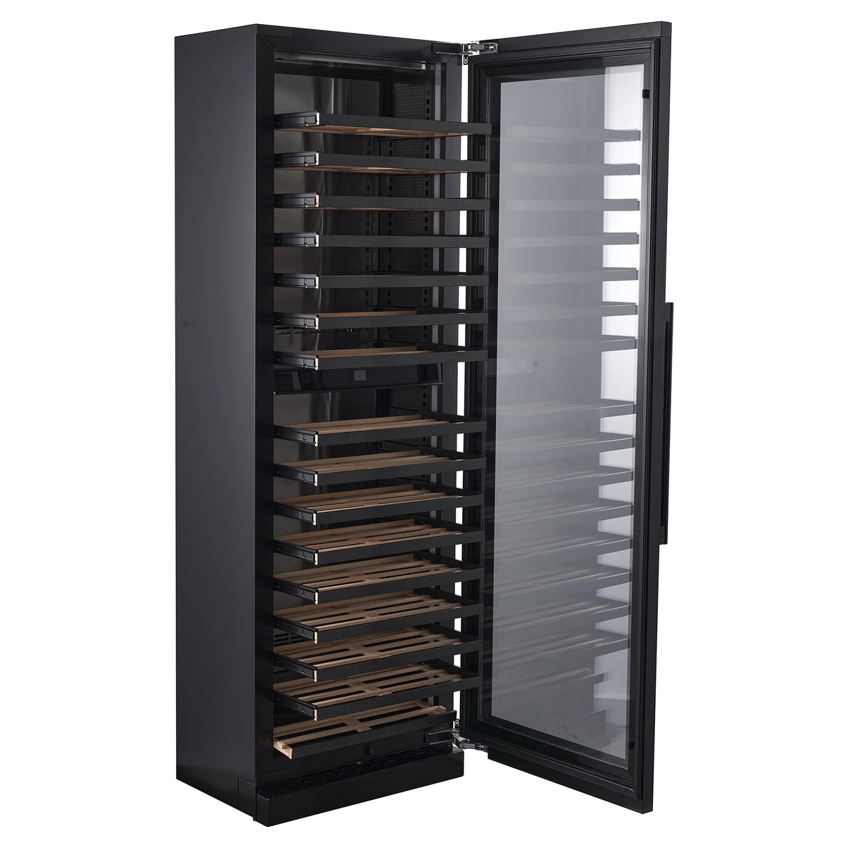 Nestor M Wine NWV264SGN1 wine cooler side view with door open and wooden shelves