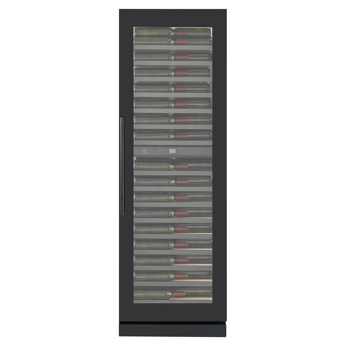 Nestor M Wine NWV264SGN1 wine cooler with black glass door closed and bottles inside