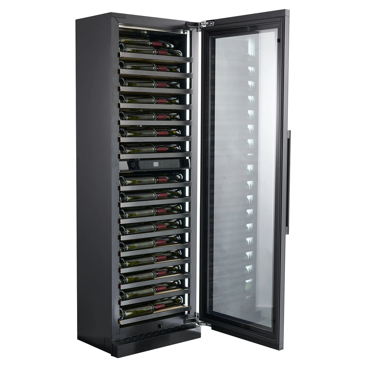 Nestor M Wine NWV264SGN1 wine cooler three-quarter view with door open and bottles
