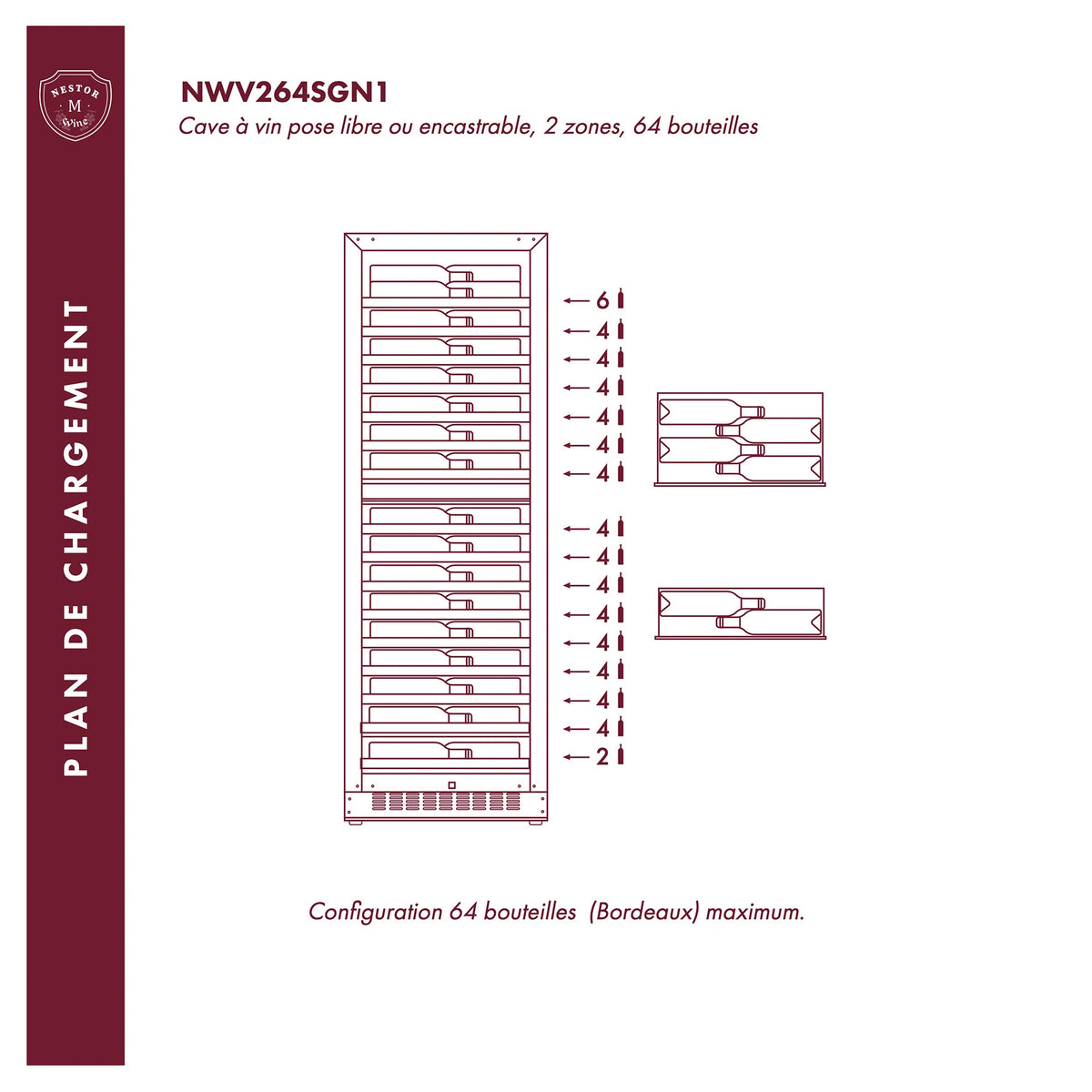 Loading plan of the Nestor M Wine NWV264SGN1 wine cooler for 64 bottles in two zones