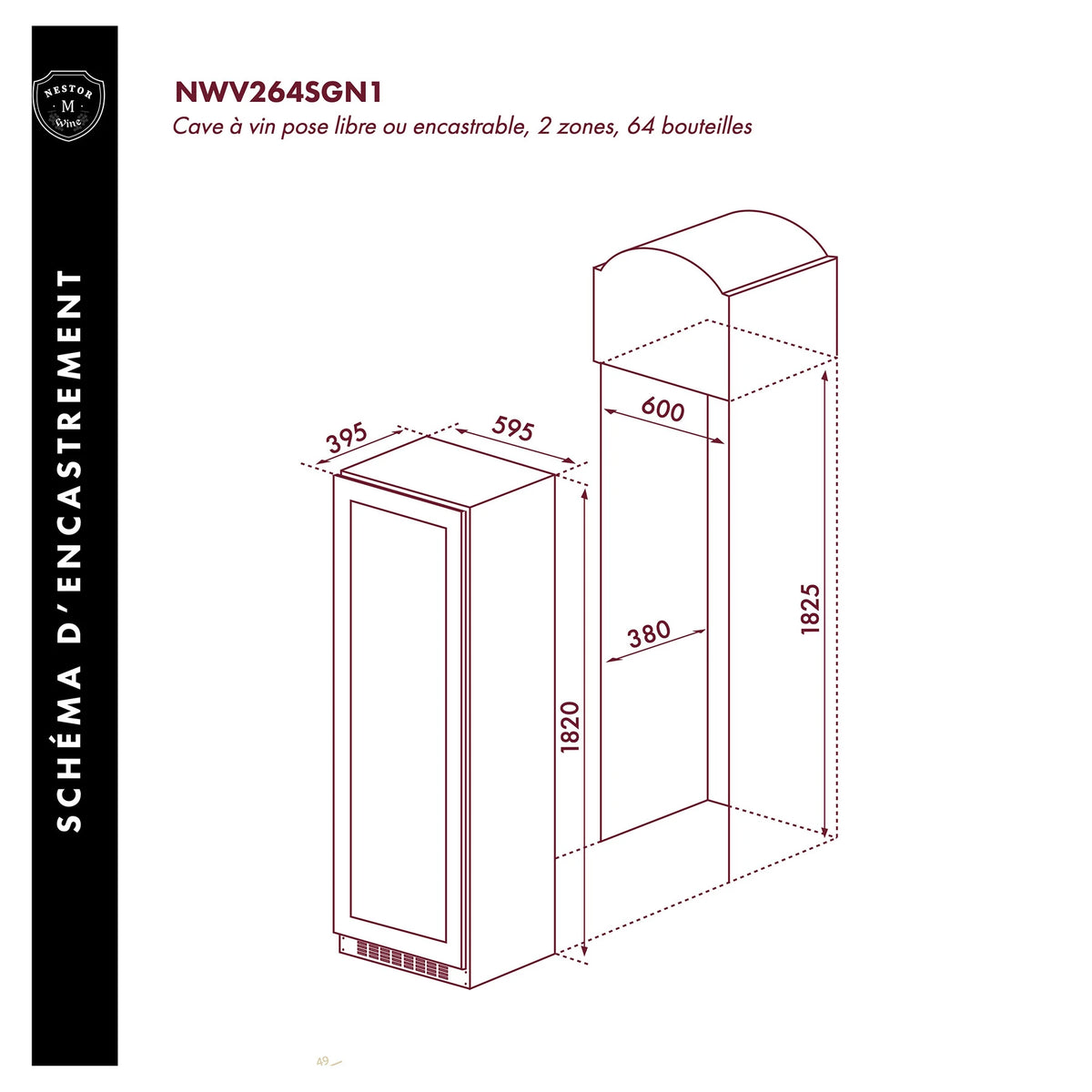 Dimensions and built-in diagram of the Nestor M Wine NWV264SGN1 wine cooler