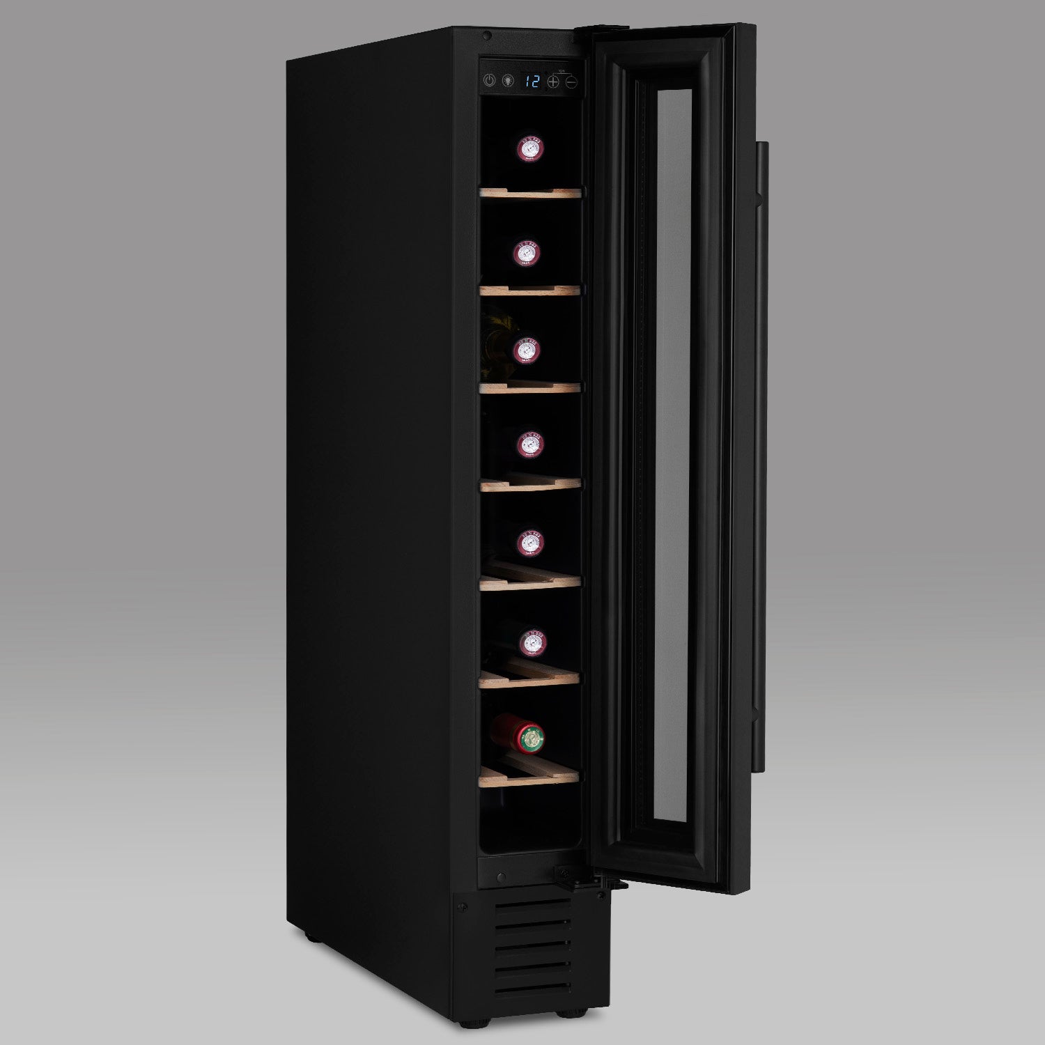 Vinoteca 7 botellas Les Petits Champs CAVSEB7 Black vista lateral con puerta abierta y llena de botellas de vino