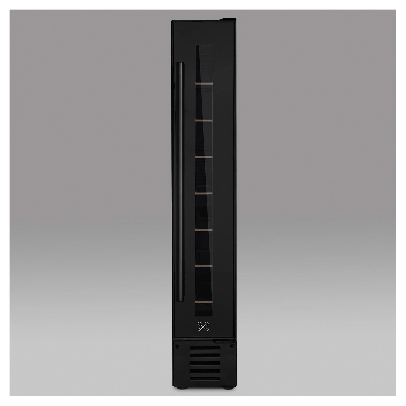 Vista frontal de la vinoteca Les Petits Champs CAVSEB7 Black, diseño estrecho en color negro con puerta de cristal y tirador vertical.